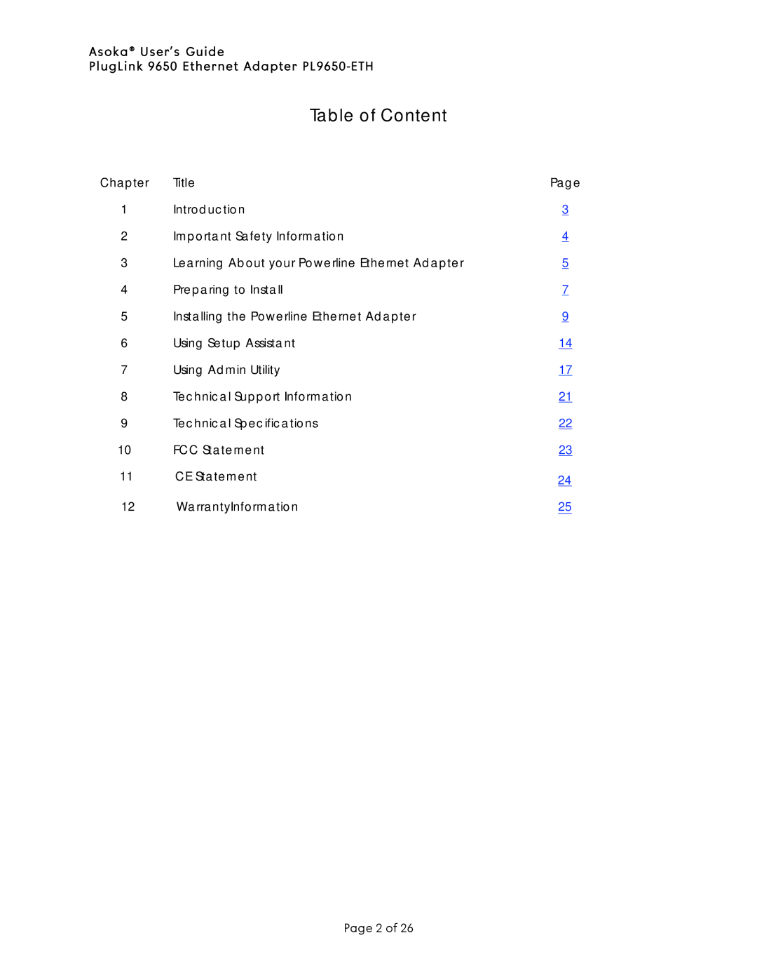 Asoka PL9650-ETH manual Table of Content, Chapter Title 