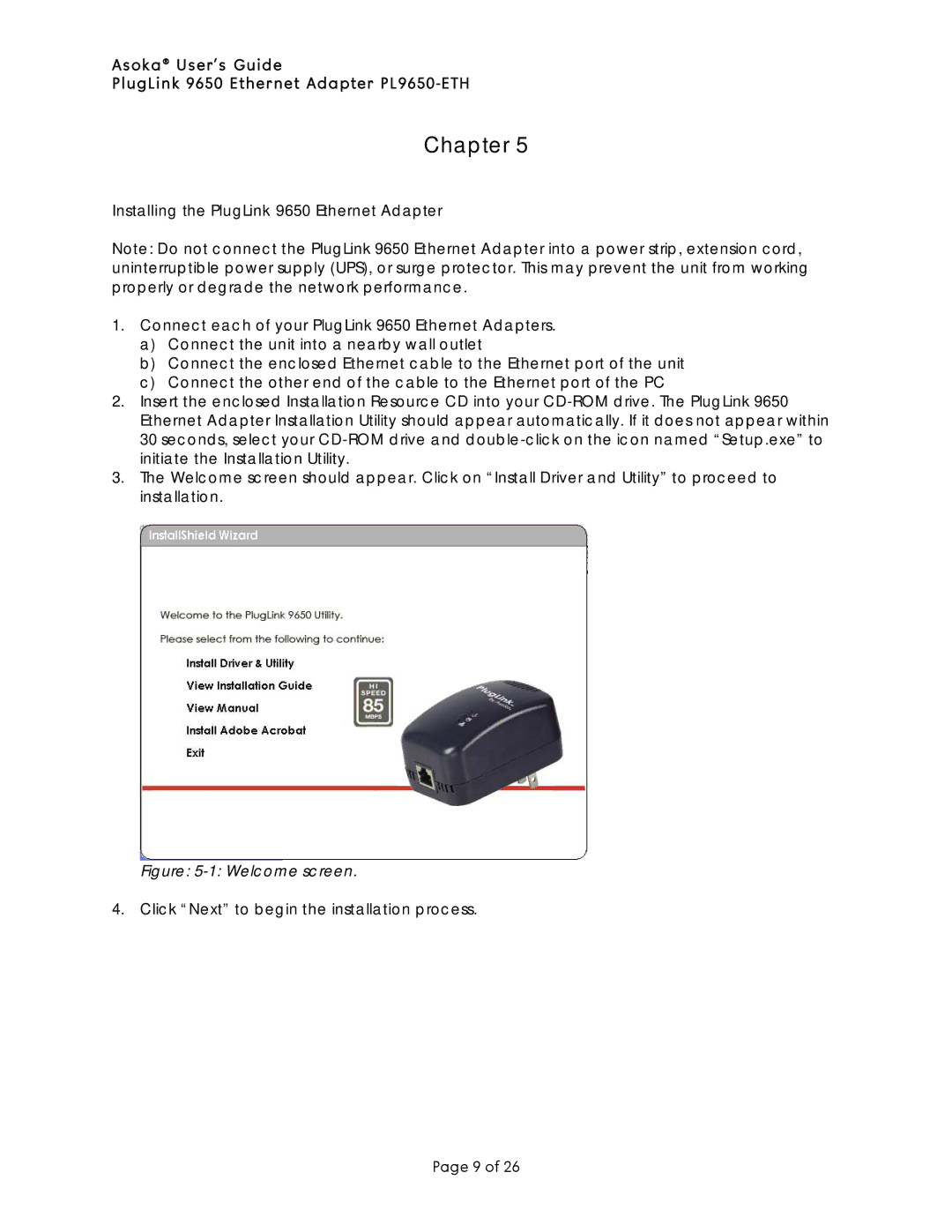 Asoka PL9650-ETH manual Installing the PlugLink 9650 Ethernet Adapter, Welcome screen 