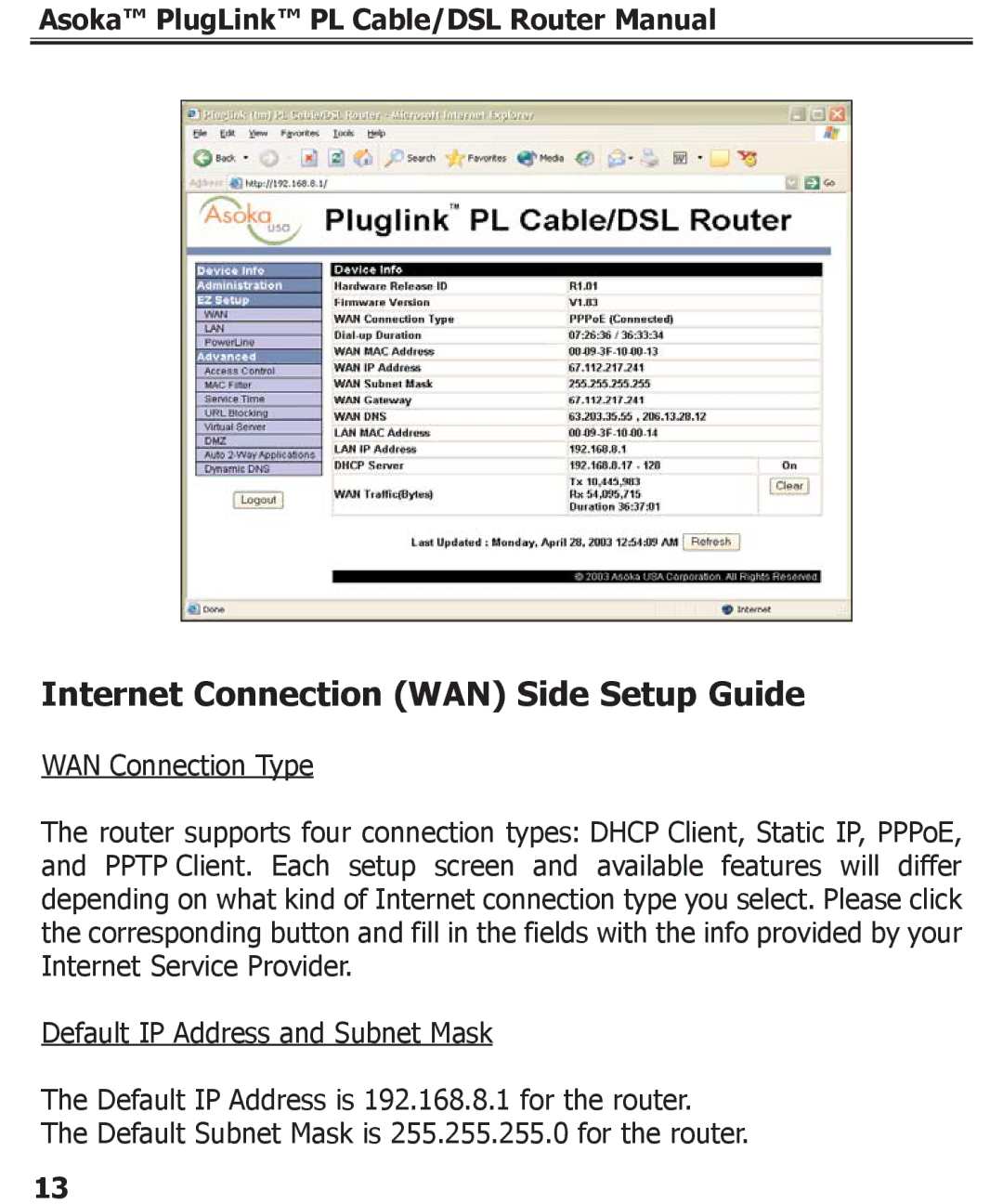 Asoka PL9920-BBR specifications Internet Connection WAN Side Setup Guide 