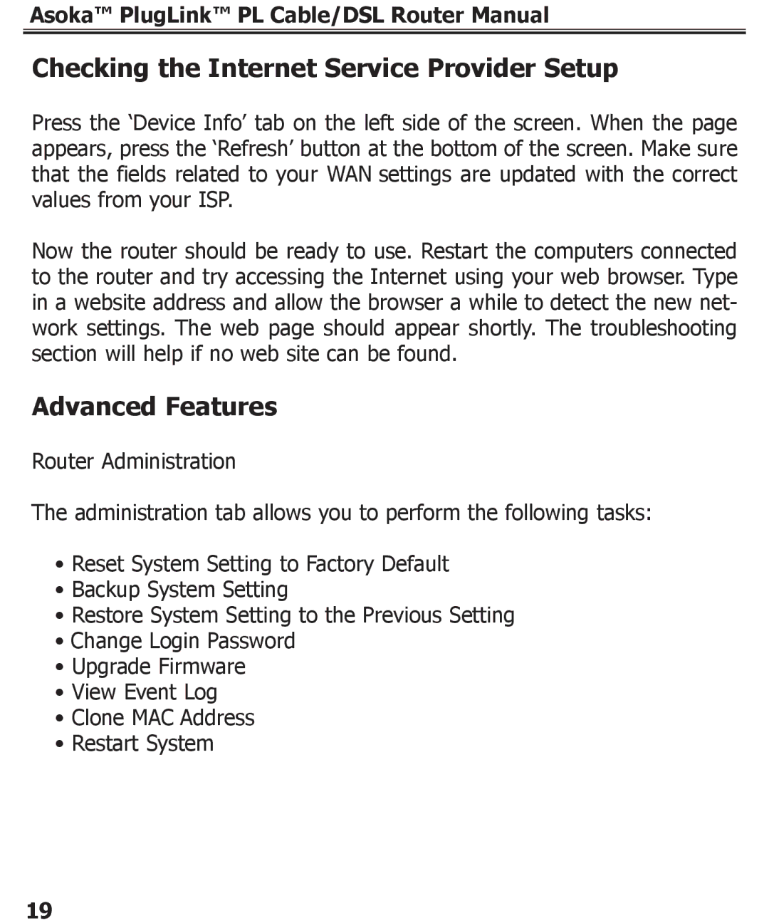 Asoka PL9920-BBR specifications Checking the Internet Service Provider Setup, Advanced Features 