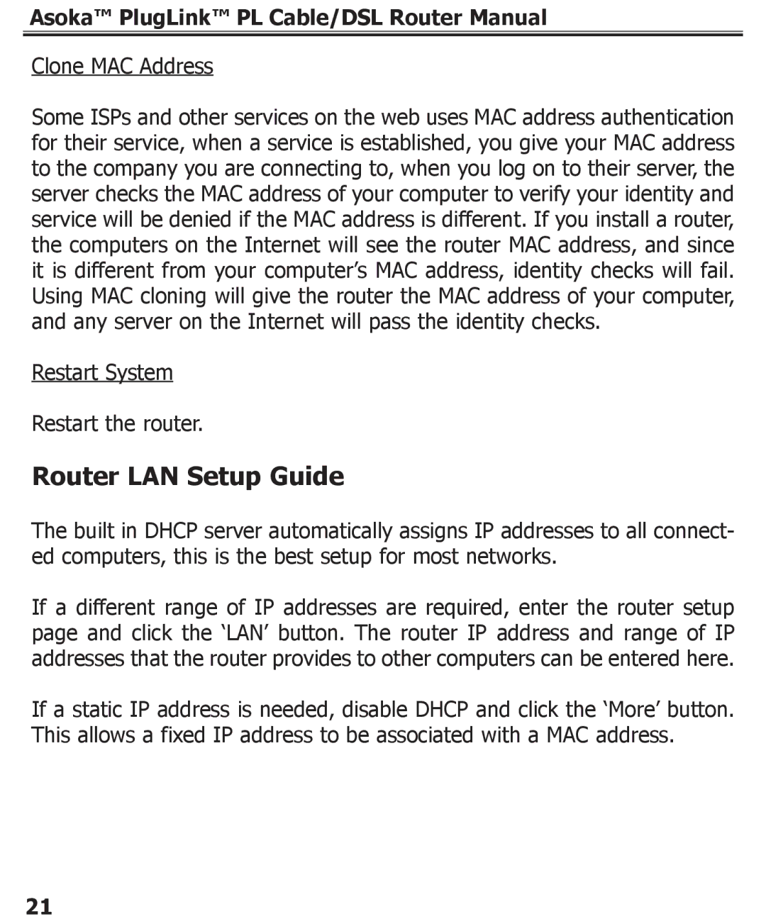 Asoka PL9920-BBR specifications Router LAN Setup Guide 