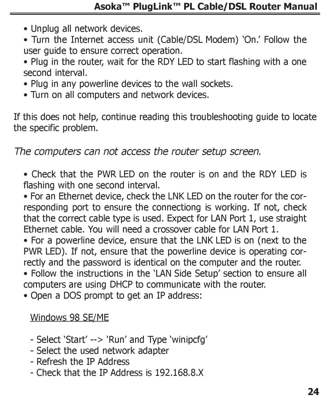 Asoka PL9920-BBR specifications Computers can not access the router setup screen 