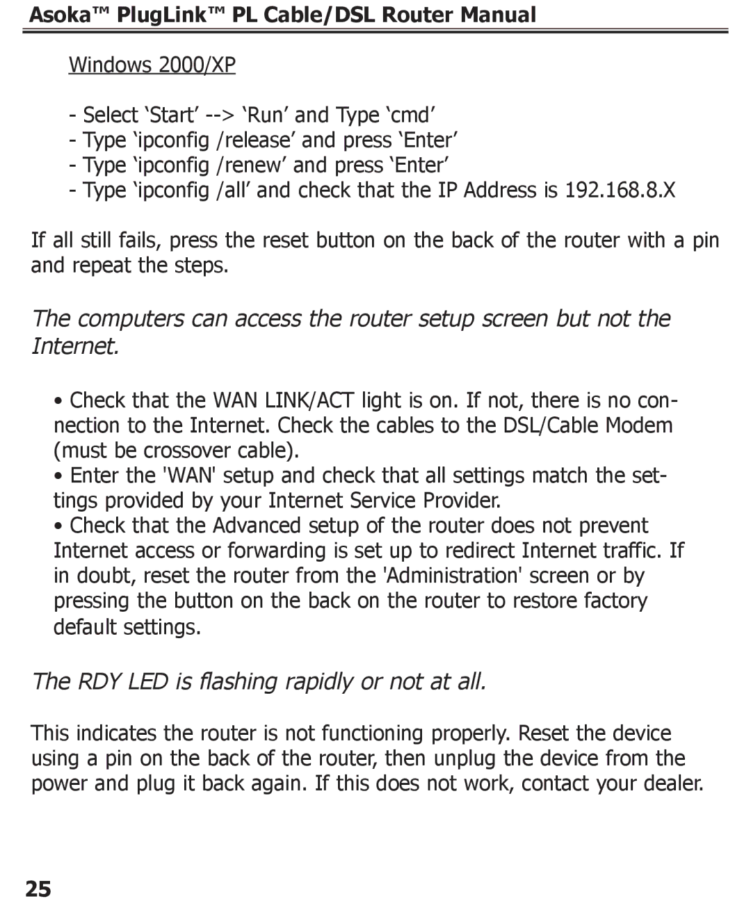 Asoka PL9920-BBR specifications RDY LED is flashing rapidly or not at all 