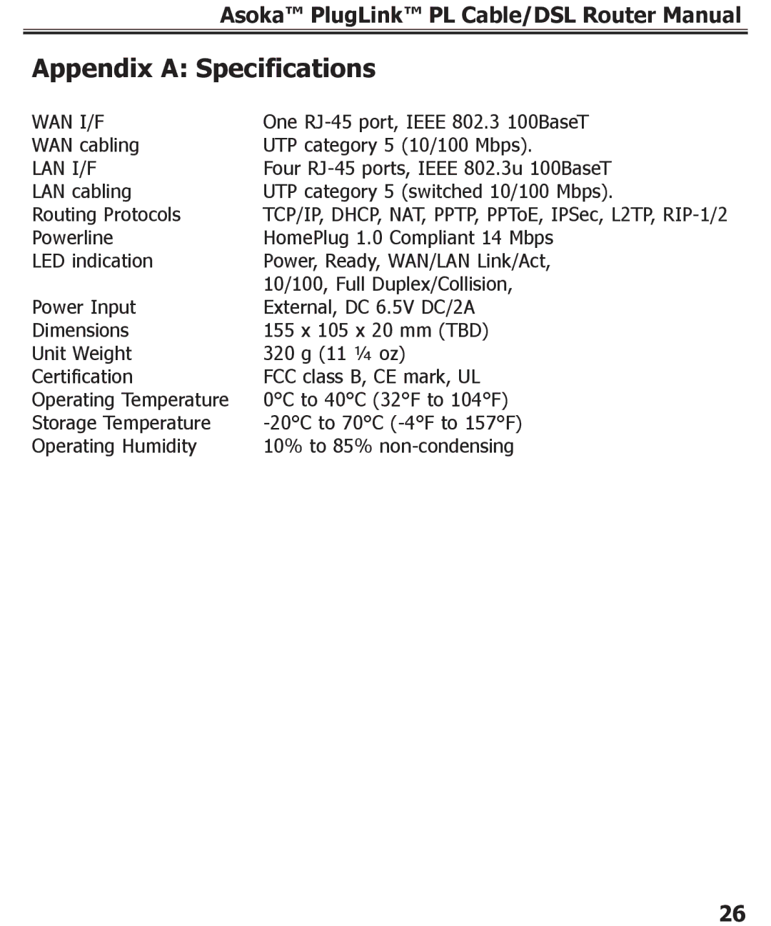 Asoka PL9920-BBR specifications Appendix a Specifications, Lan I/F 