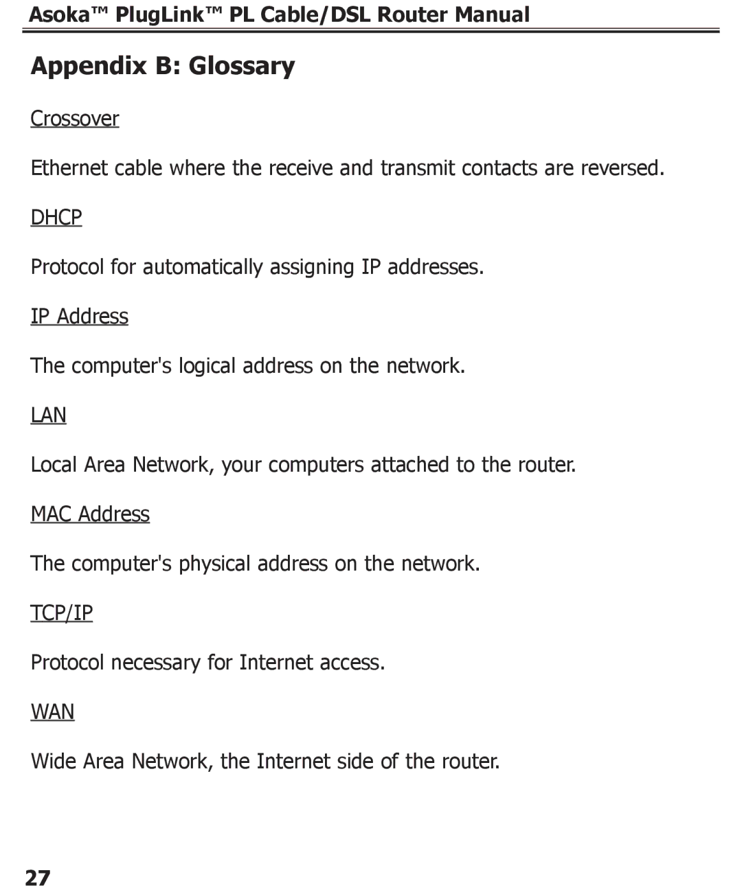 Asoka PL9920-BBR specifications Appendix B Glossary, Dhcp 