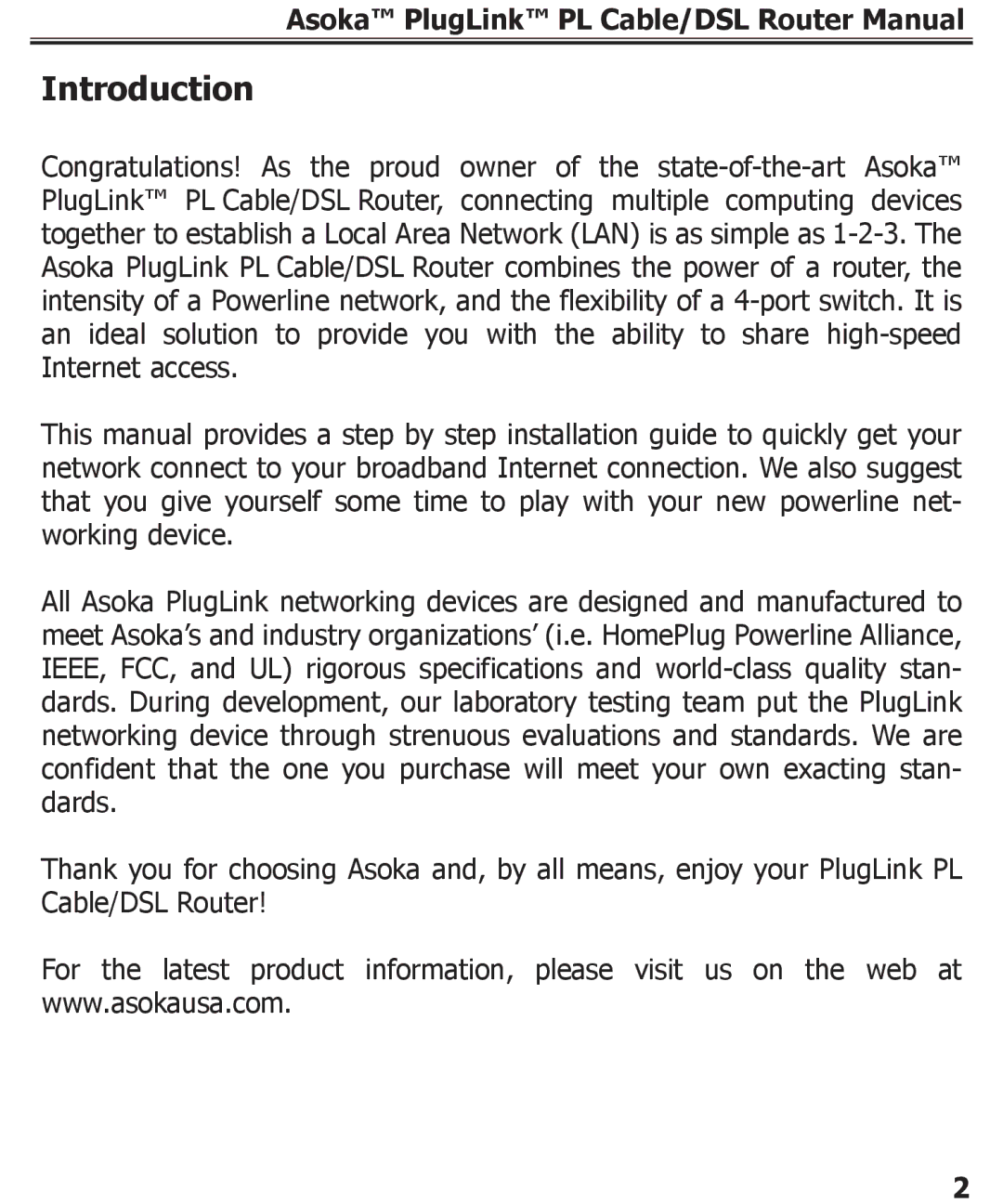 Asoka PL9920-BBR specifications Introduction 