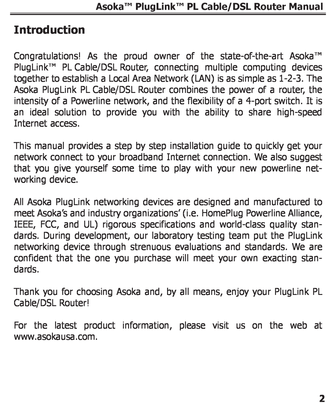 Asoka PL9920-BBR specifications Introduction, Asoka PlugLink PL Cable/DSL Router Manual 