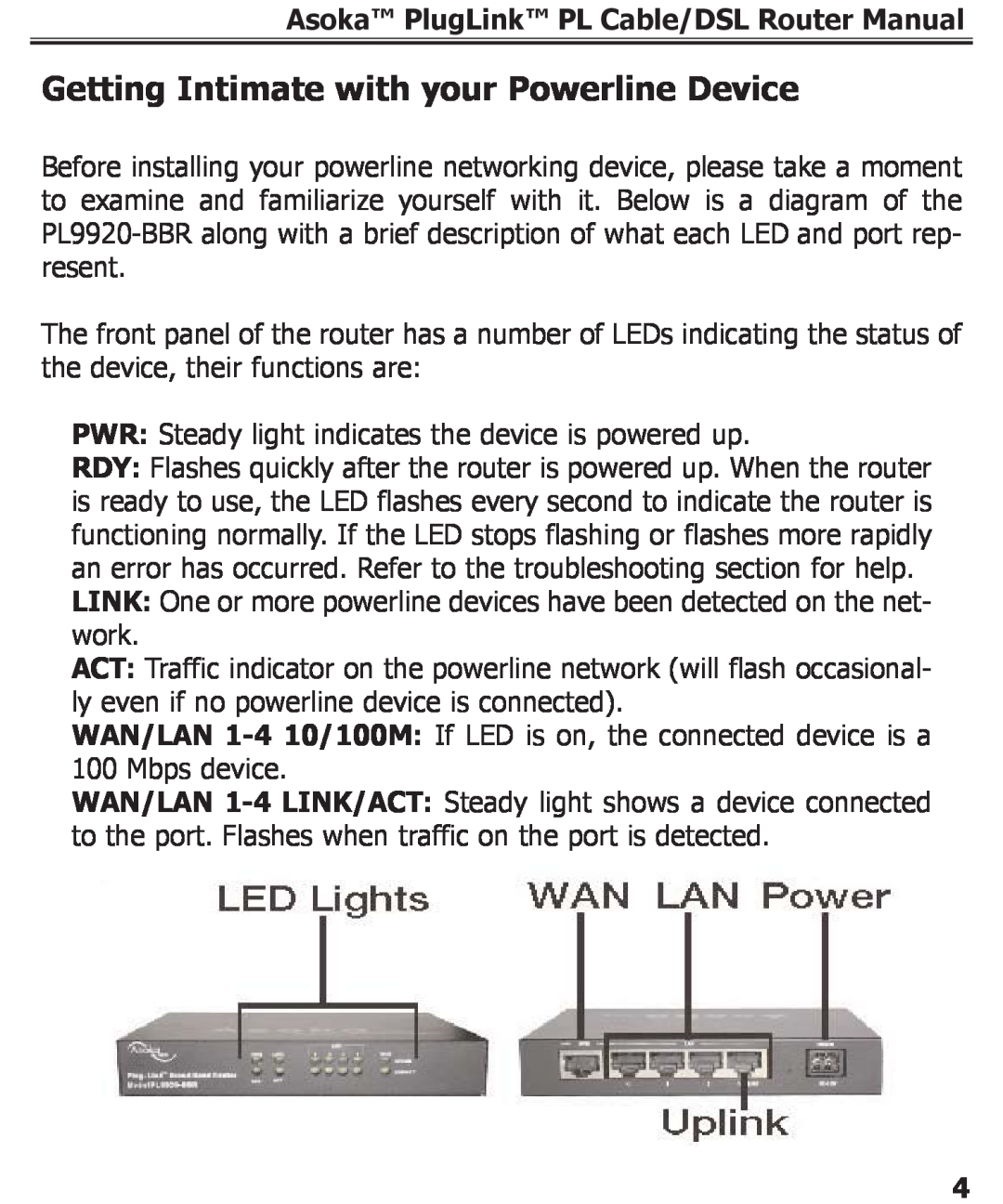 Asoka PL9920-BBR specifications Getting Intimate with your Powerline Device, Asoka PlugLink PL Cable/DSL Router Manual 