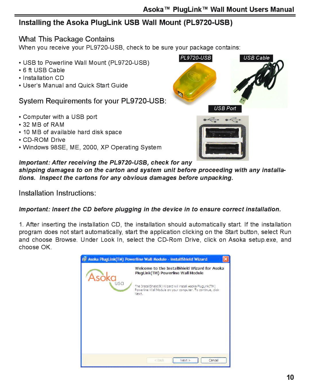 Asoka Installing the Asoka PlugLink USB Wall Mount PL9720-USB, What This Package Contains, Installation Instructions 