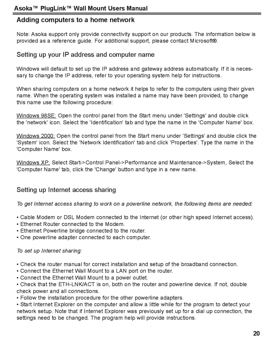 Asoka PlugLink user manual Adding computers to a home network, Setting up your IP address and computer name 