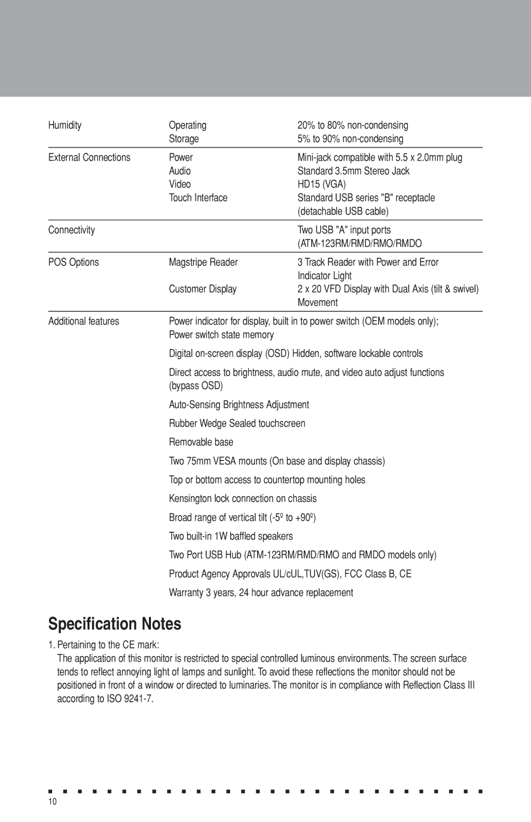 Aspen Touch Solutions ATM-123R Series manual Specification Notes, ATM-123RM/RMD/RMO/RMDO 