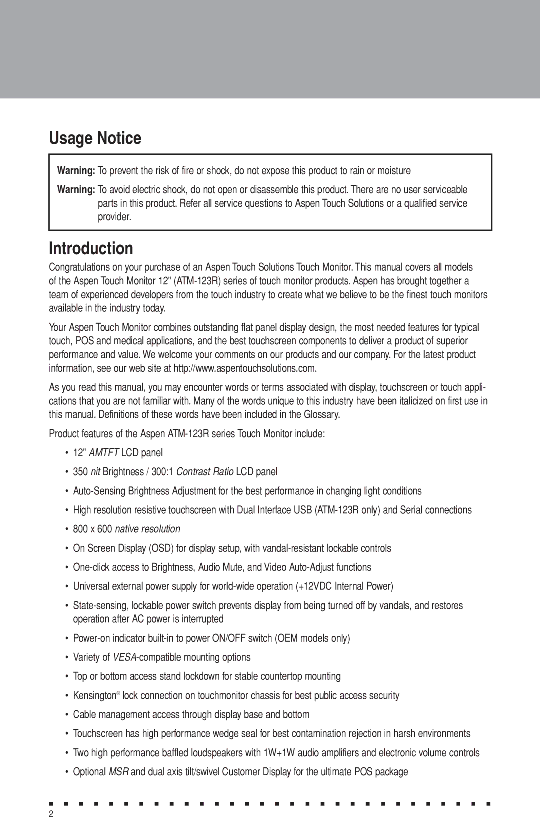 Aspen Touch Solutions ATM-123R Series manual Usage Notice Introduction, 800 x 600 native resolution 