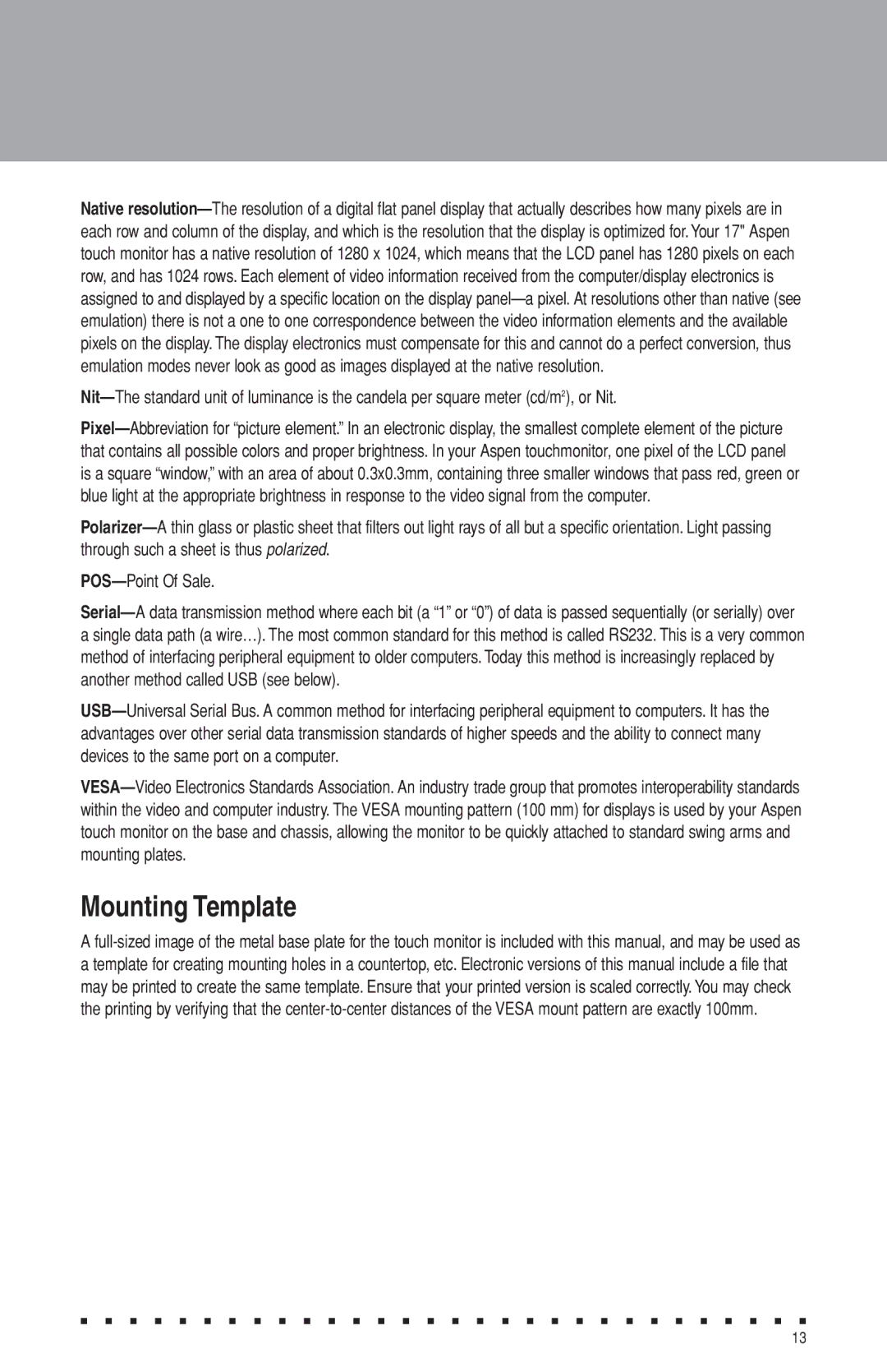 Aspen Touch Solutions ATM-173R manual Mounting Template 