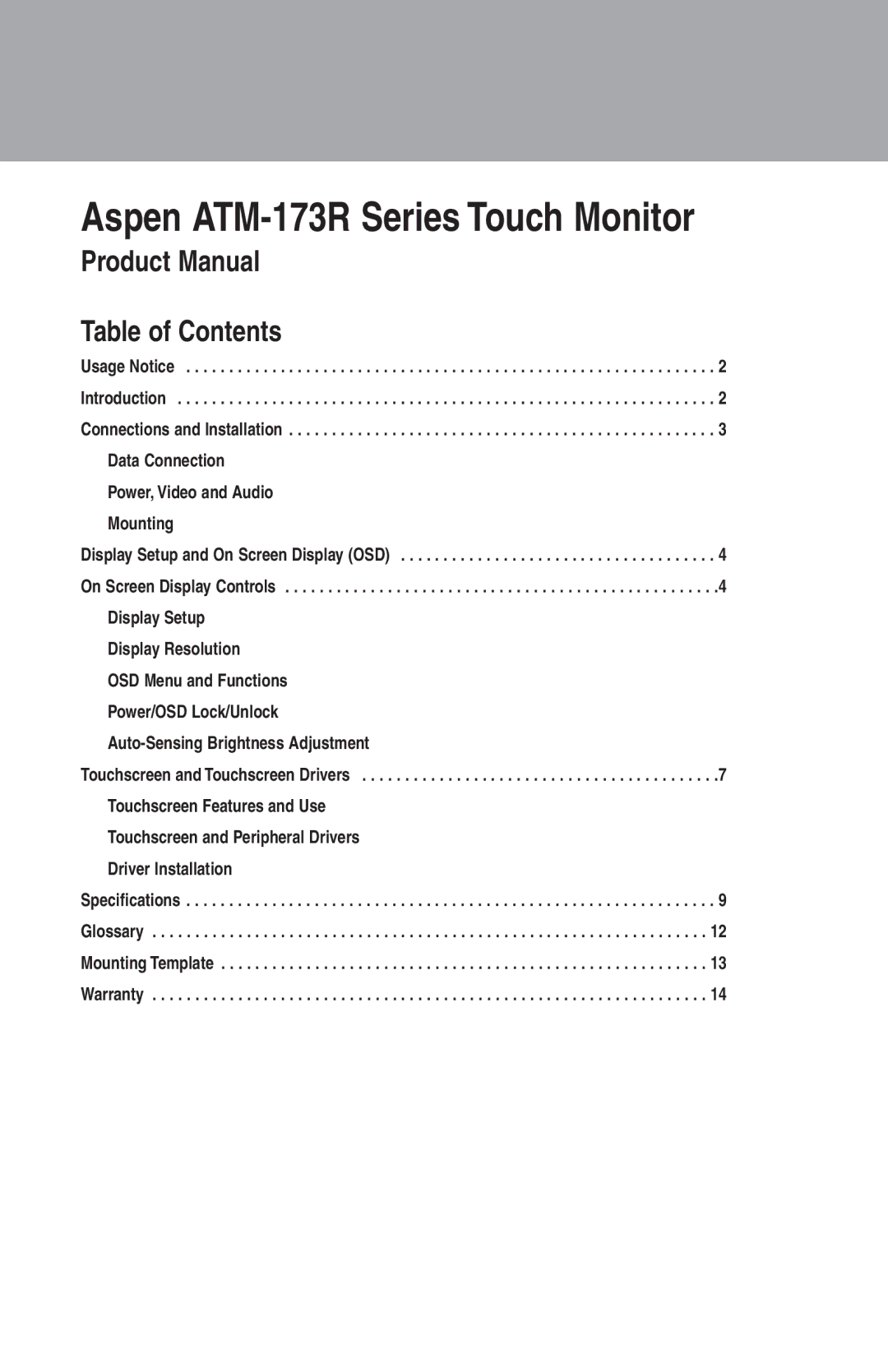 Aspen Touch Solutions manual Aspen ATM-173R Series Touch Monitor, Product Manual Table of Contents 