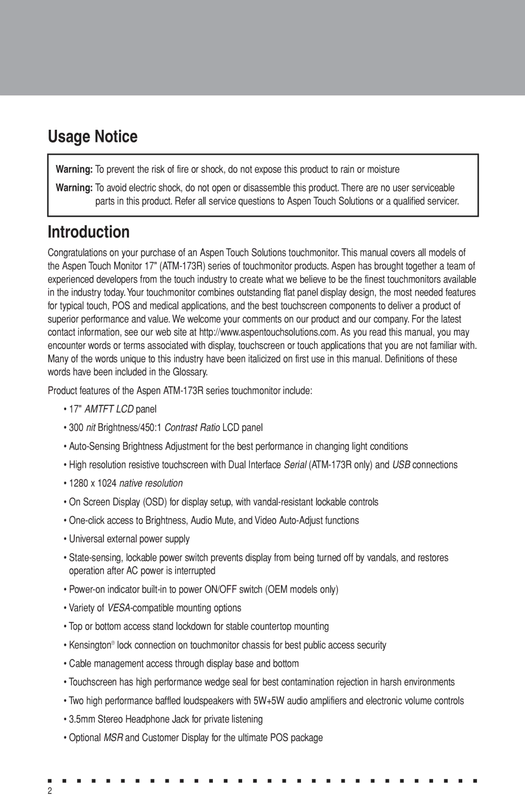 Aspen Touch Solutions ATM-173R manual Usage Notice Introduction, Amtft LCD panel 