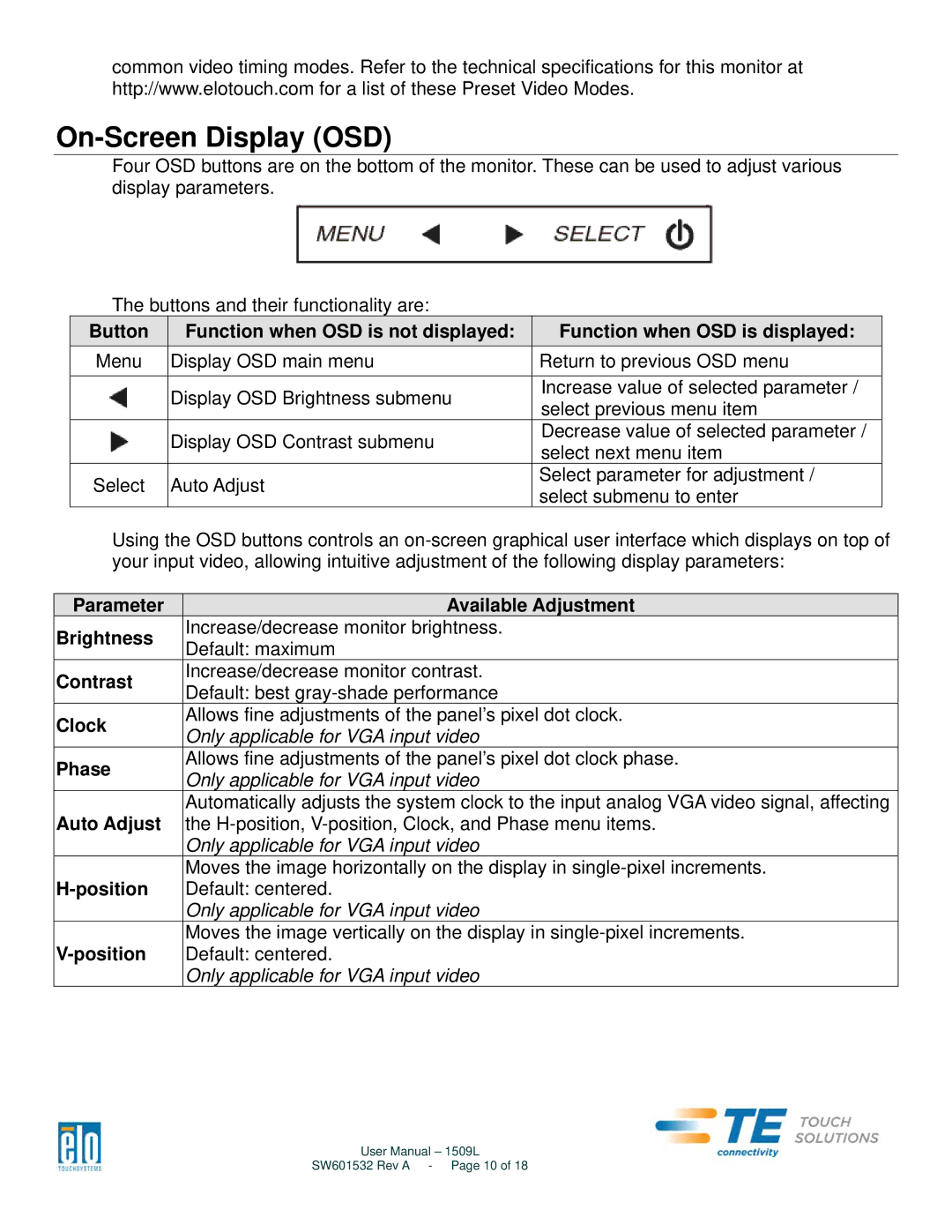 Aspen Touch Solutions SW601532 manual On-Screen Display OSD, Phase 