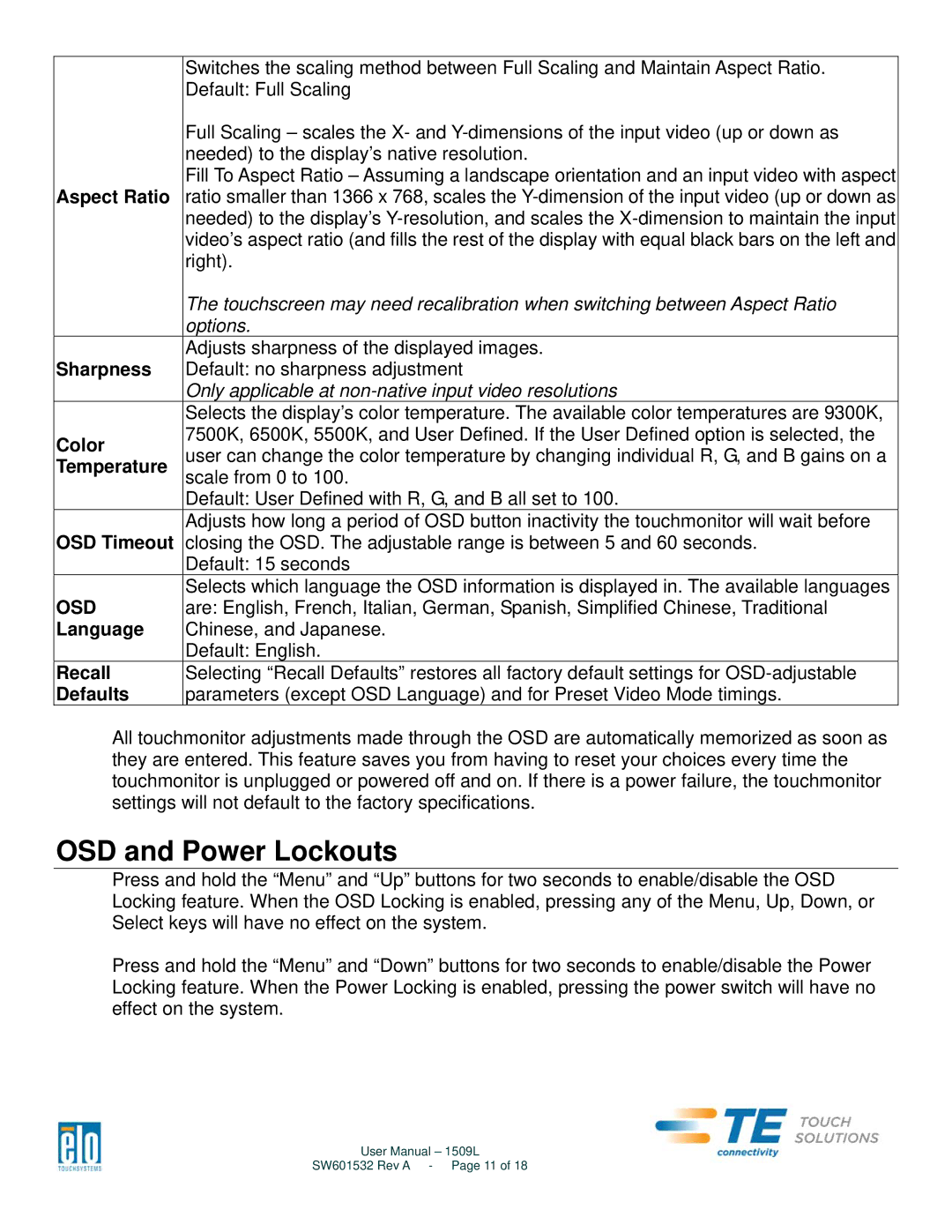 Aspen Touch Solutions SW601532 manual OSD and Power Lockouts, Aspect Ratio 