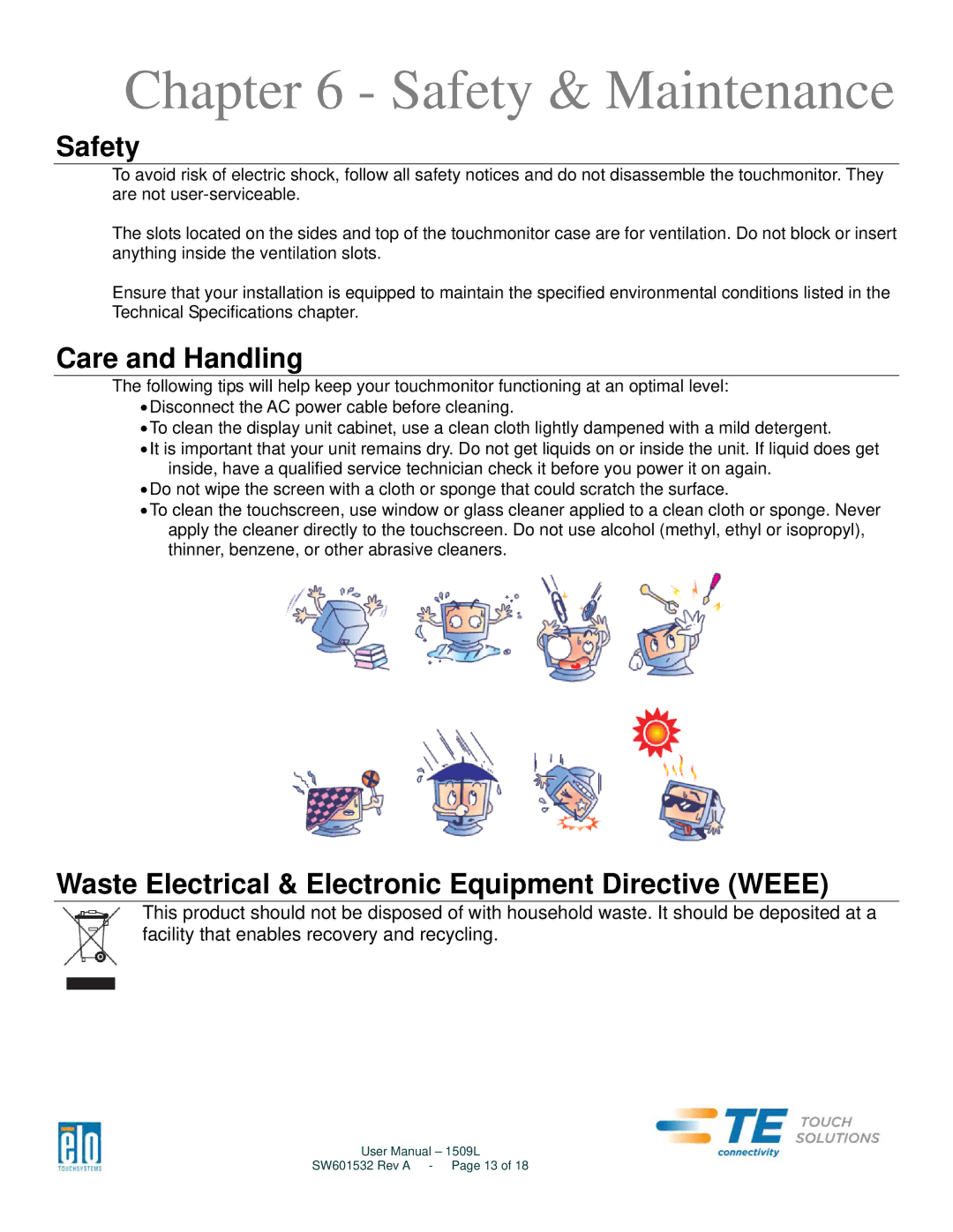 Aspen Touch Solutions SW601532 manual Safety & Maintenance, Care and Handling 