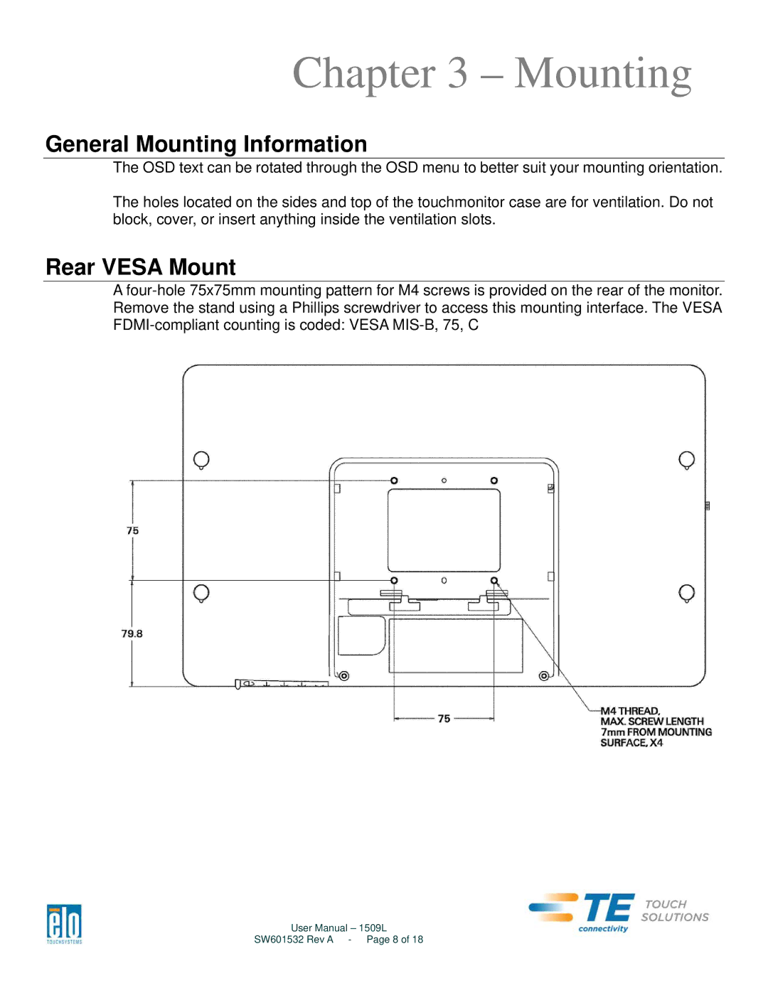 Aspen Touch Solutions SW601532 manual General Mounting Information, Rear Vesa Mount 