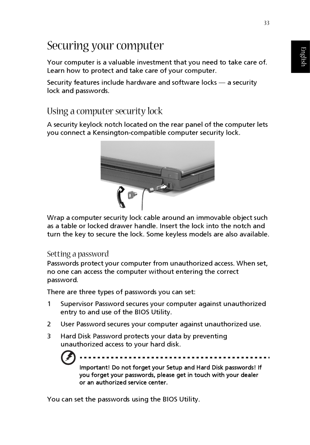 Aspire Digital 1680, 1410 manual Securing your computer, Using a computer security lock, Setting a password 