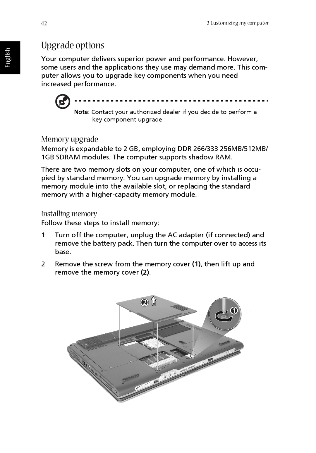 Aspire Digital 1410, 1680 manual Upgrade options, Memory upgrade 