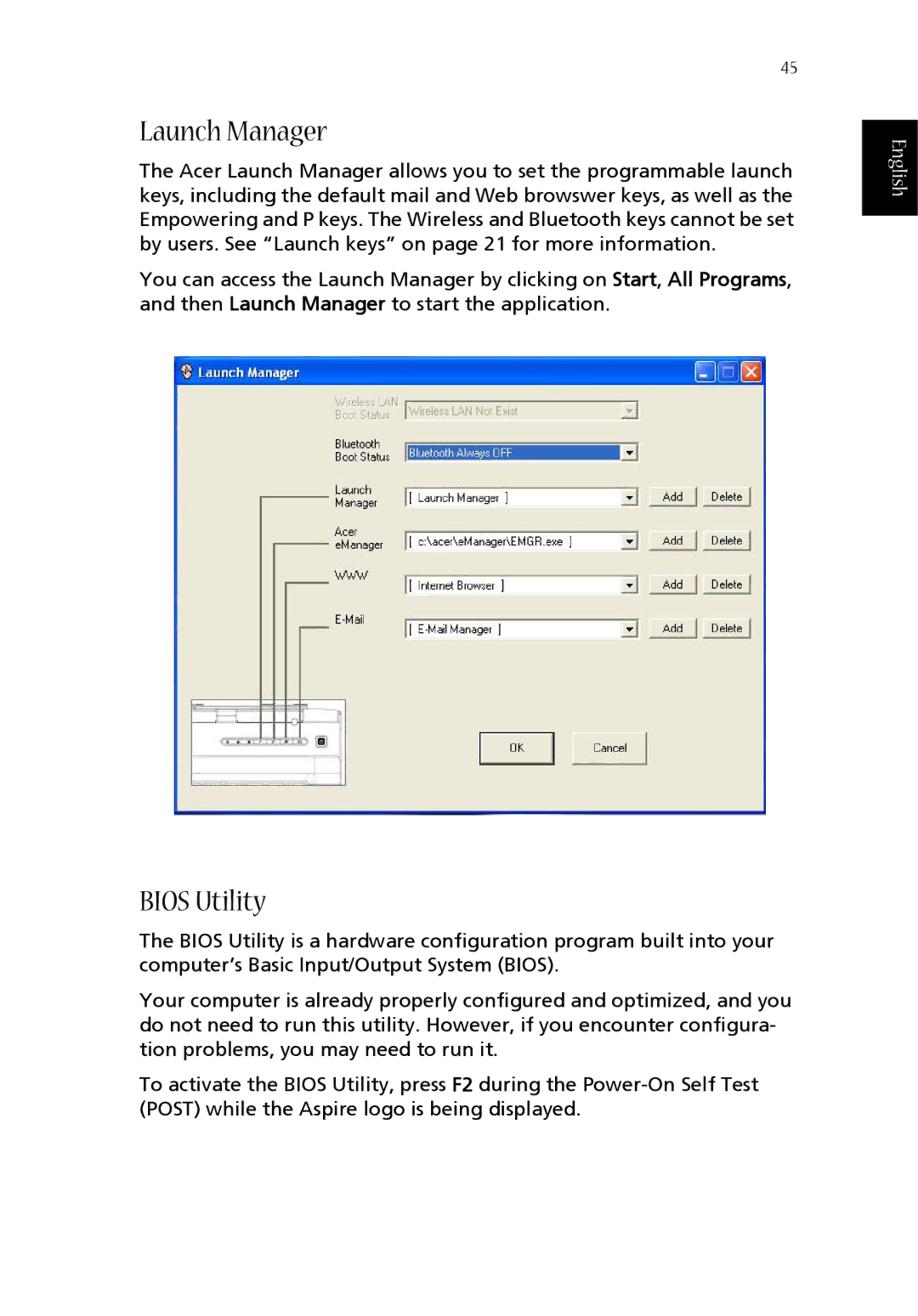 Aspire Digital 1680, 1410 manual Launch Manager, Bios Utility 