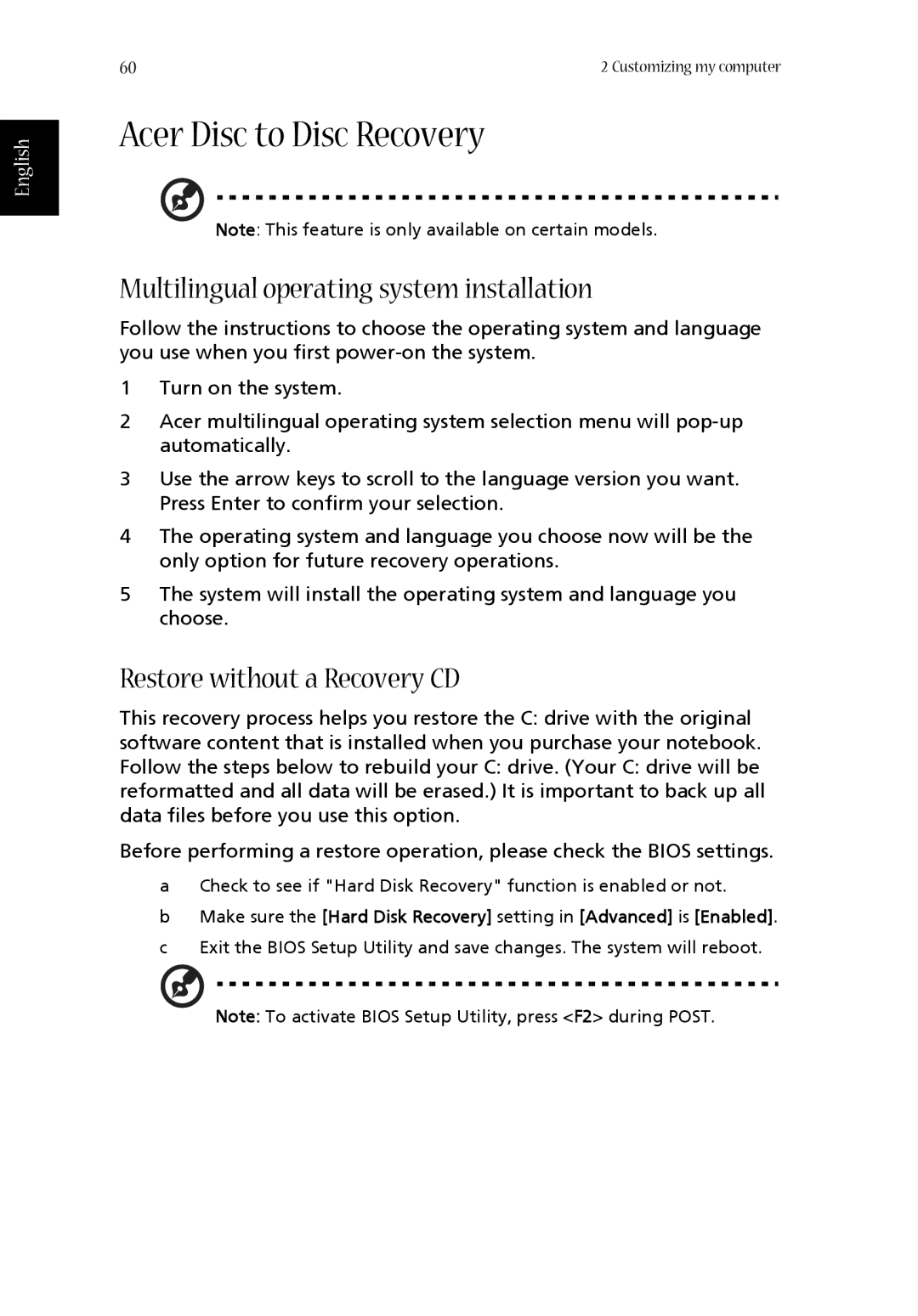 Aspire Digital 1410 Acer Disc to Disc Recovery, Multilingual operating system installation, Restore without a Recovery CD 