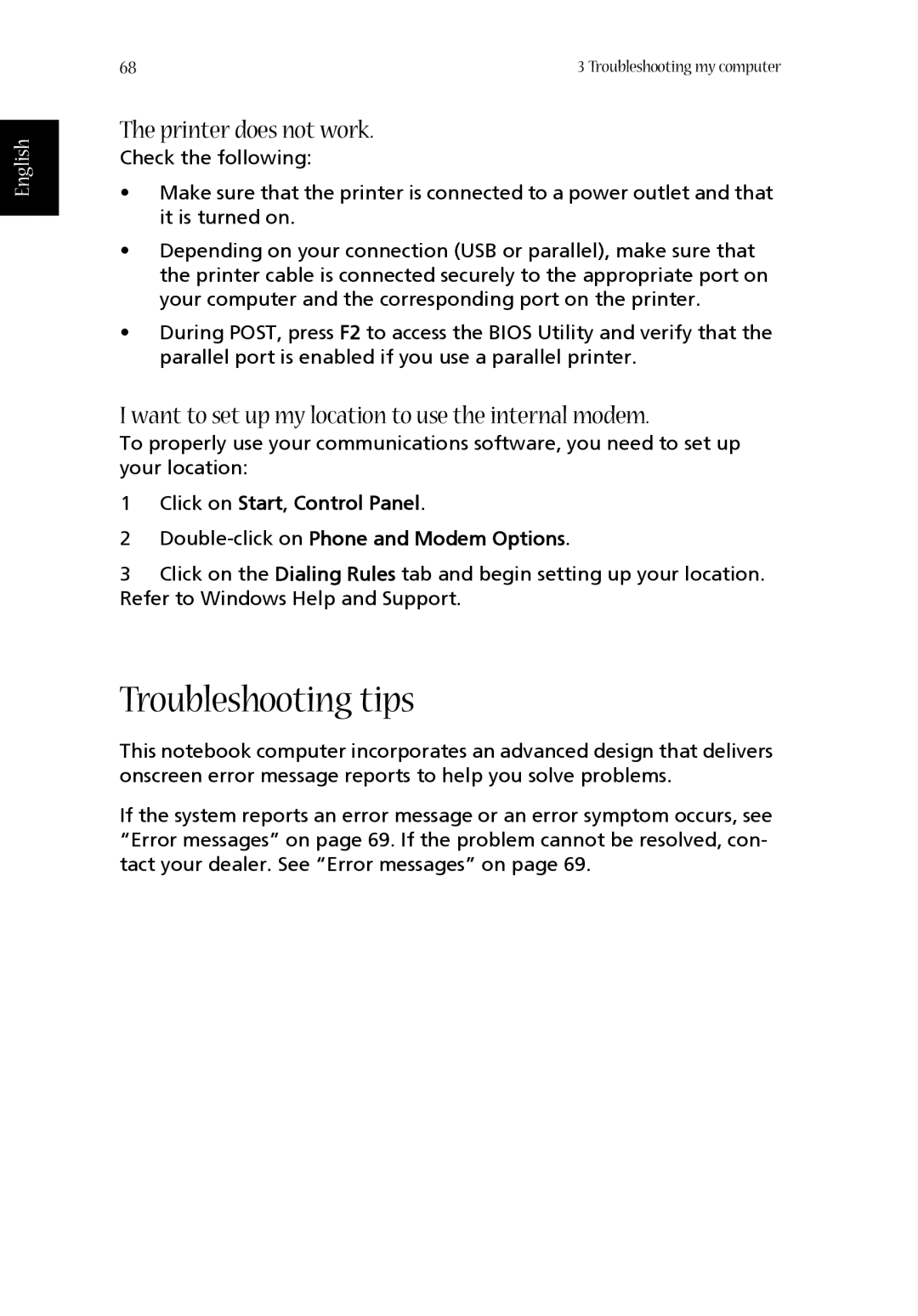 Aspire Digital 1410 Troubleshooting tips, Printer does not work, Want to set up my location to use the internal modem 