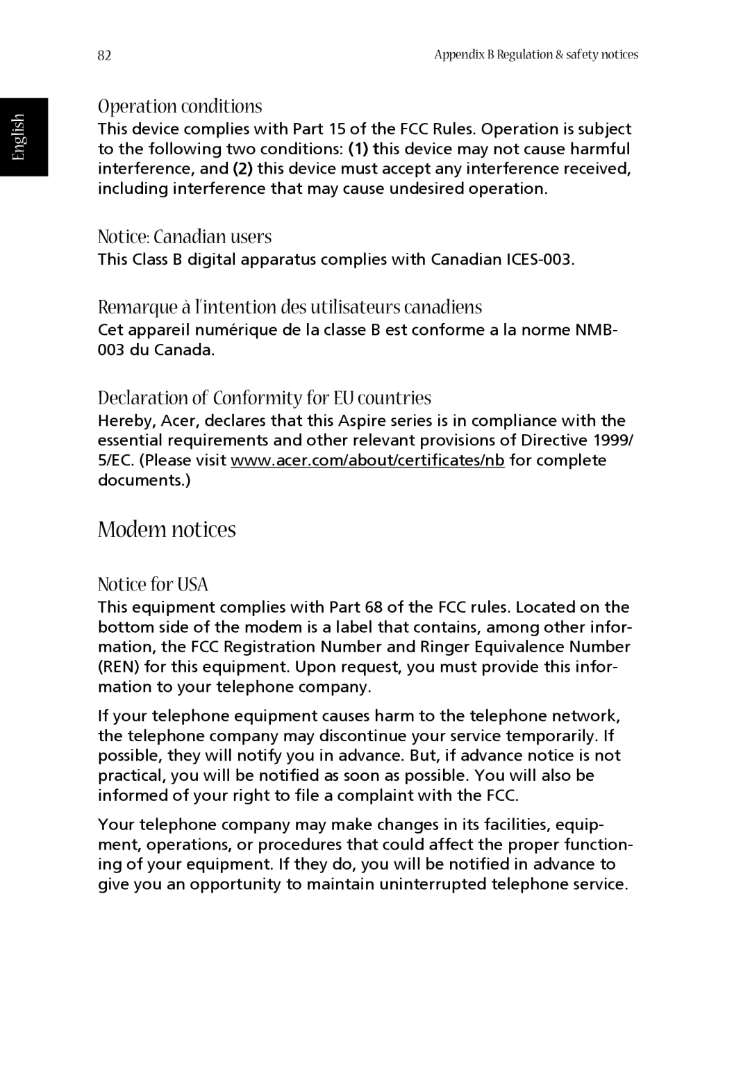 Aspire Digital 1410, 1680 manual Modem notices, Operation conditions, Remarque à l’intention des utilisateurs canadiens 