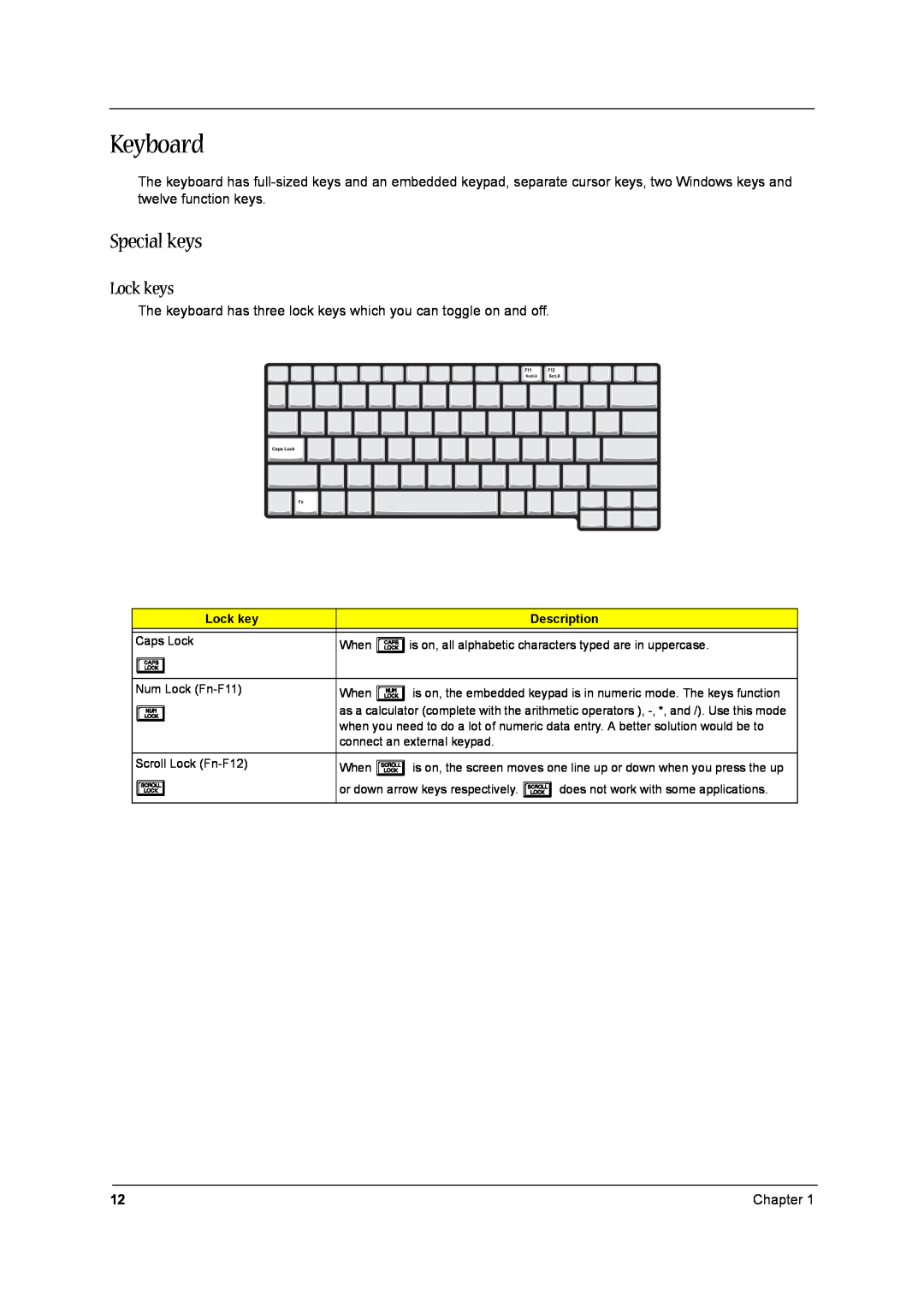 Aspire Digital 1360, 1520 manual Keyboard, Special keys, Lock keys 