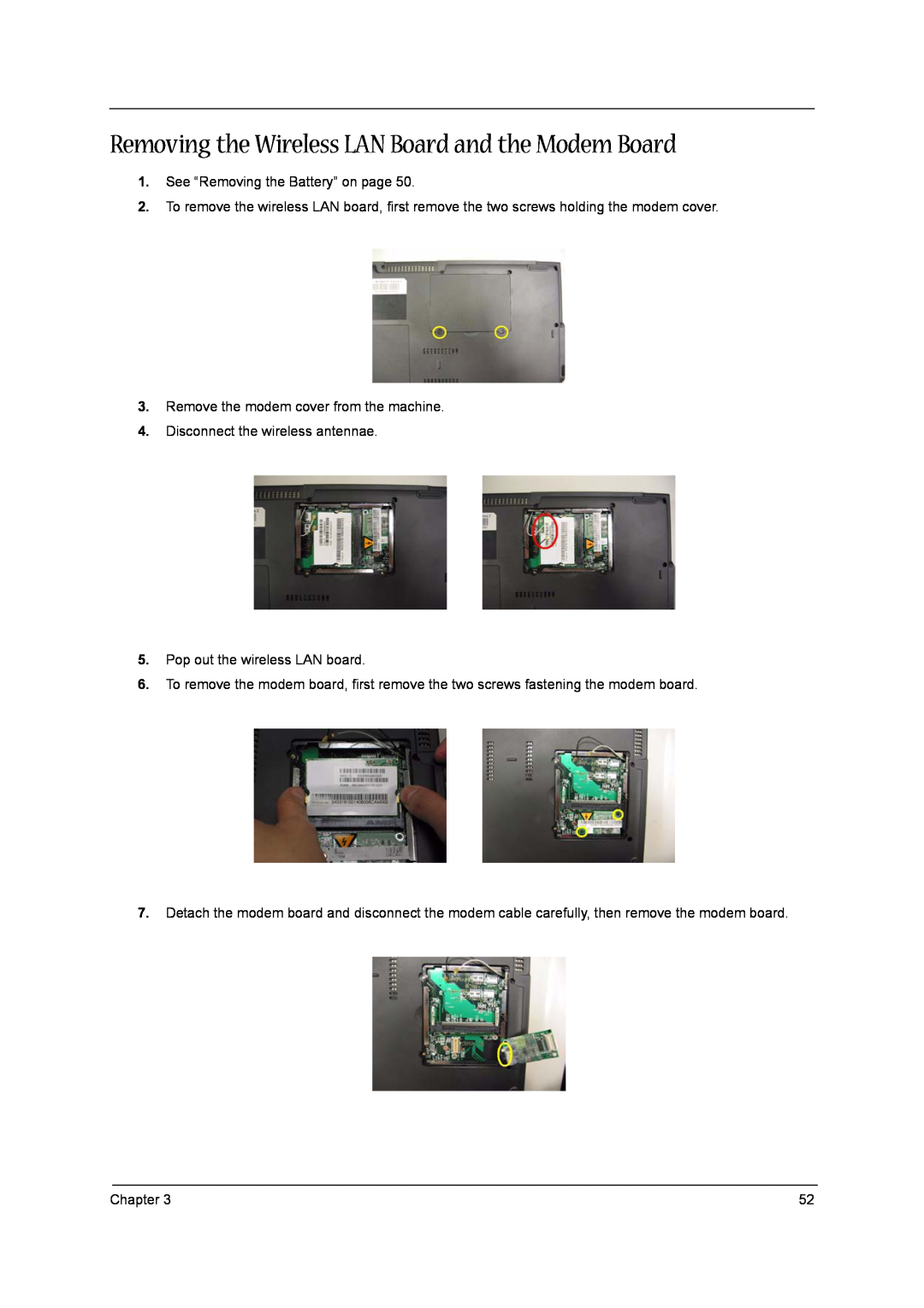 Aspire Digital 1360, 1520 manual Removing the Wireless LAN Board and the Modem Board 