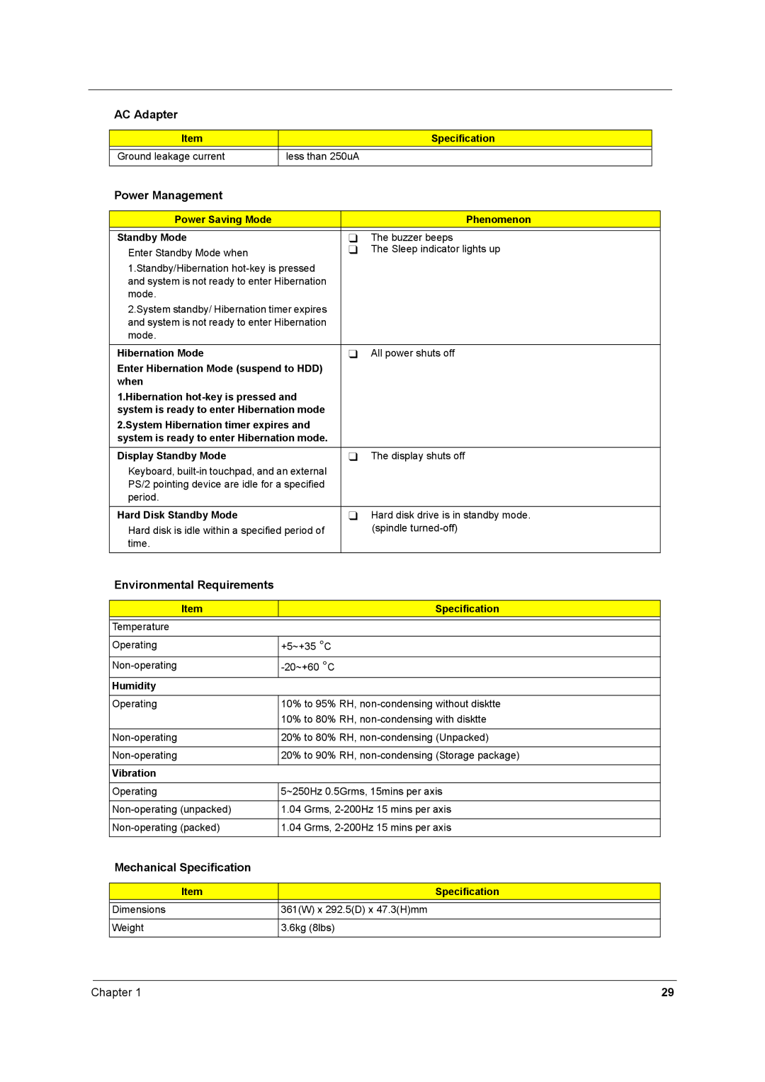 Aspire Digital 1660 manual Power Management, Environmental Requirements, Mechanical Specification 