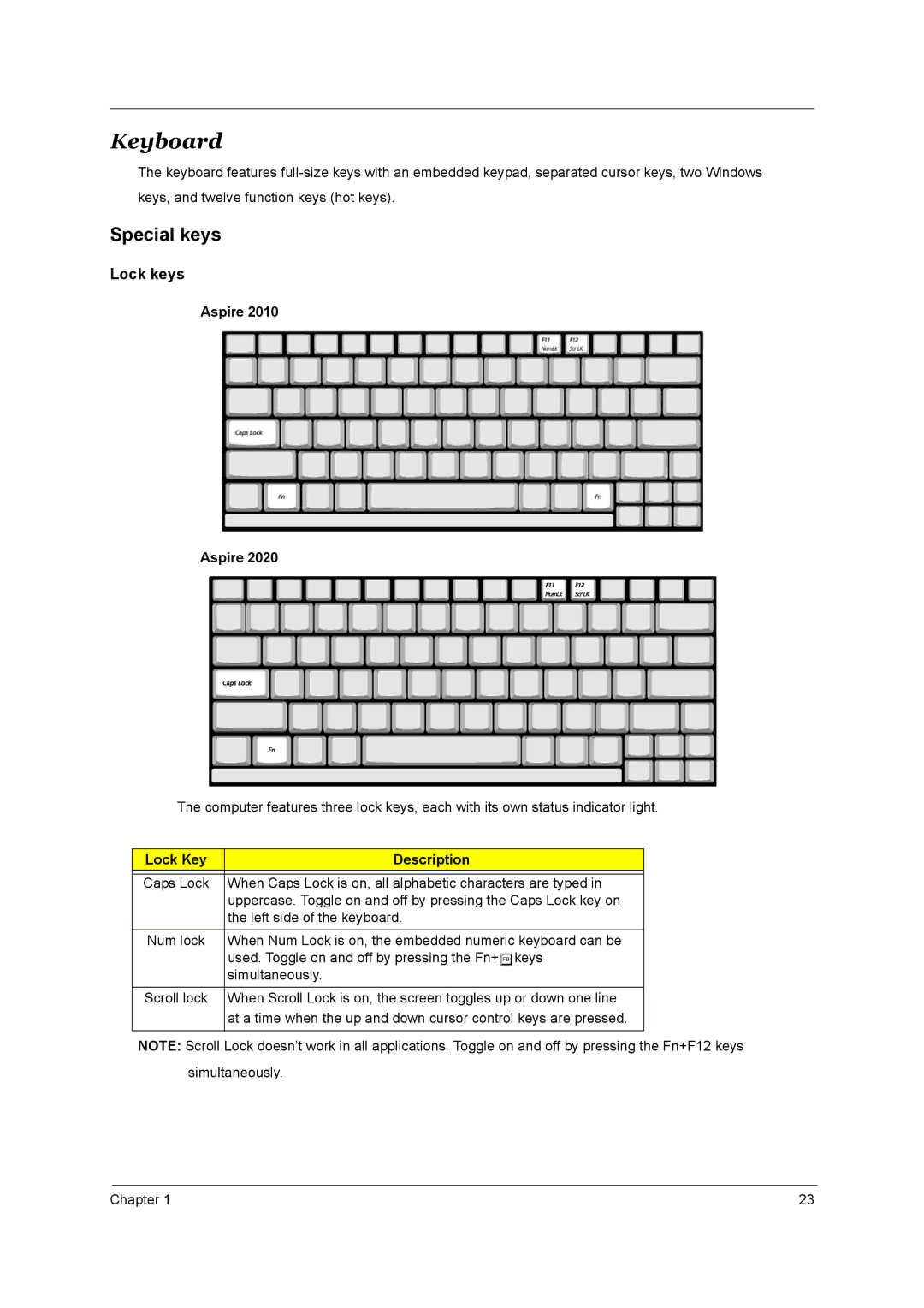 Aspire Digital 2020, 2010 manual Keyboard, Lock Key Description 