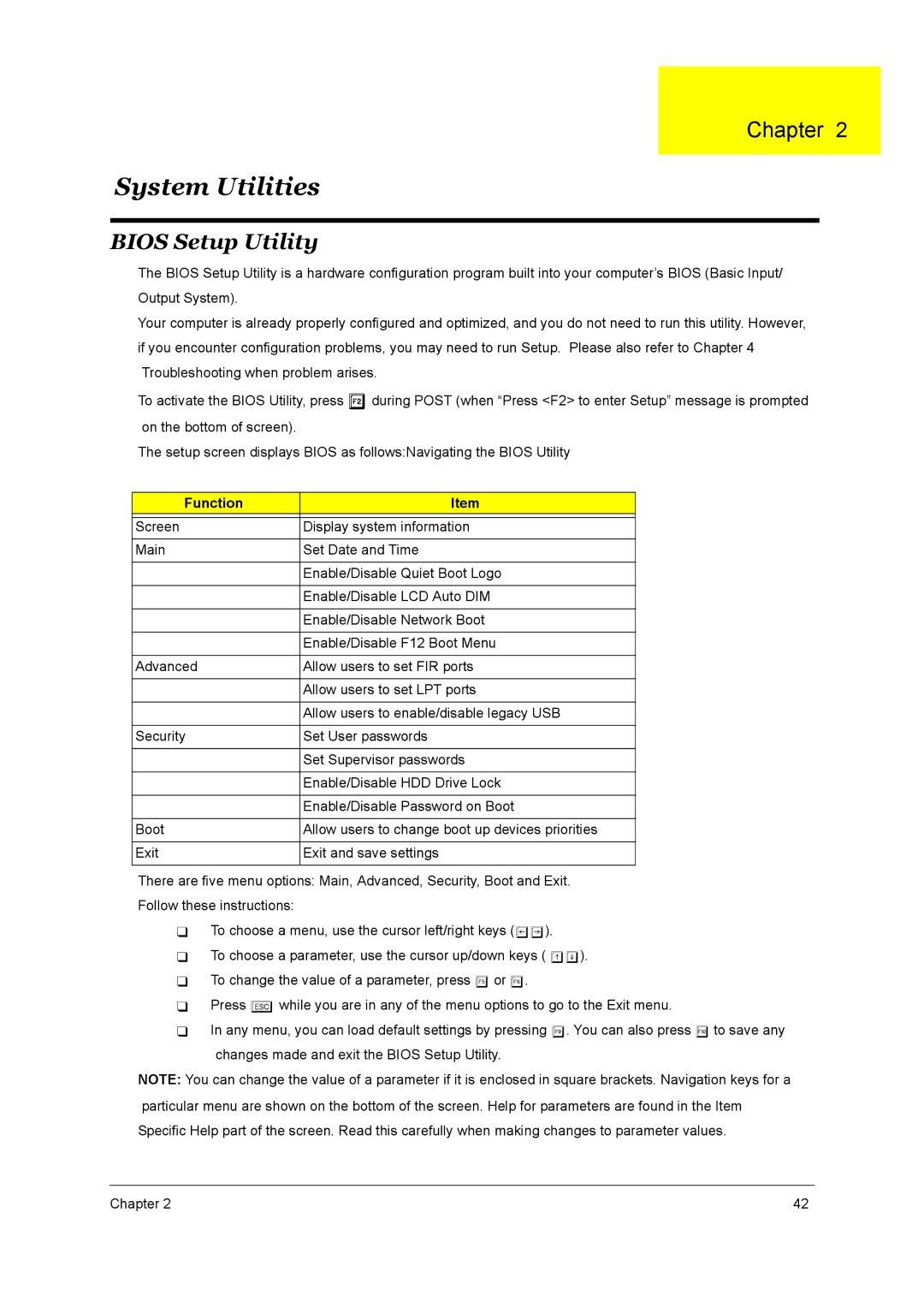 Aspire Digital 2010, 2020 manual System Utilities, Bios Setup Utility 