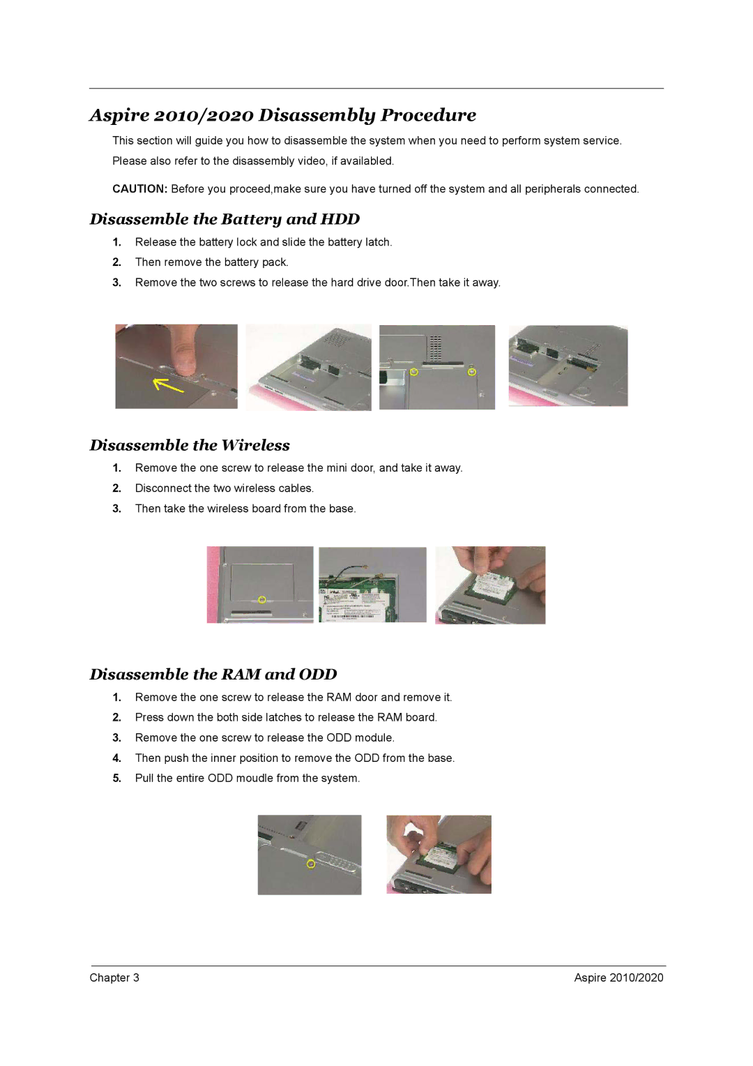 Aspire Digital manual Aspire 2010/2020 Disassembly Procedure, Disassemble the Battery and HDD, Disassemble the Wireless 