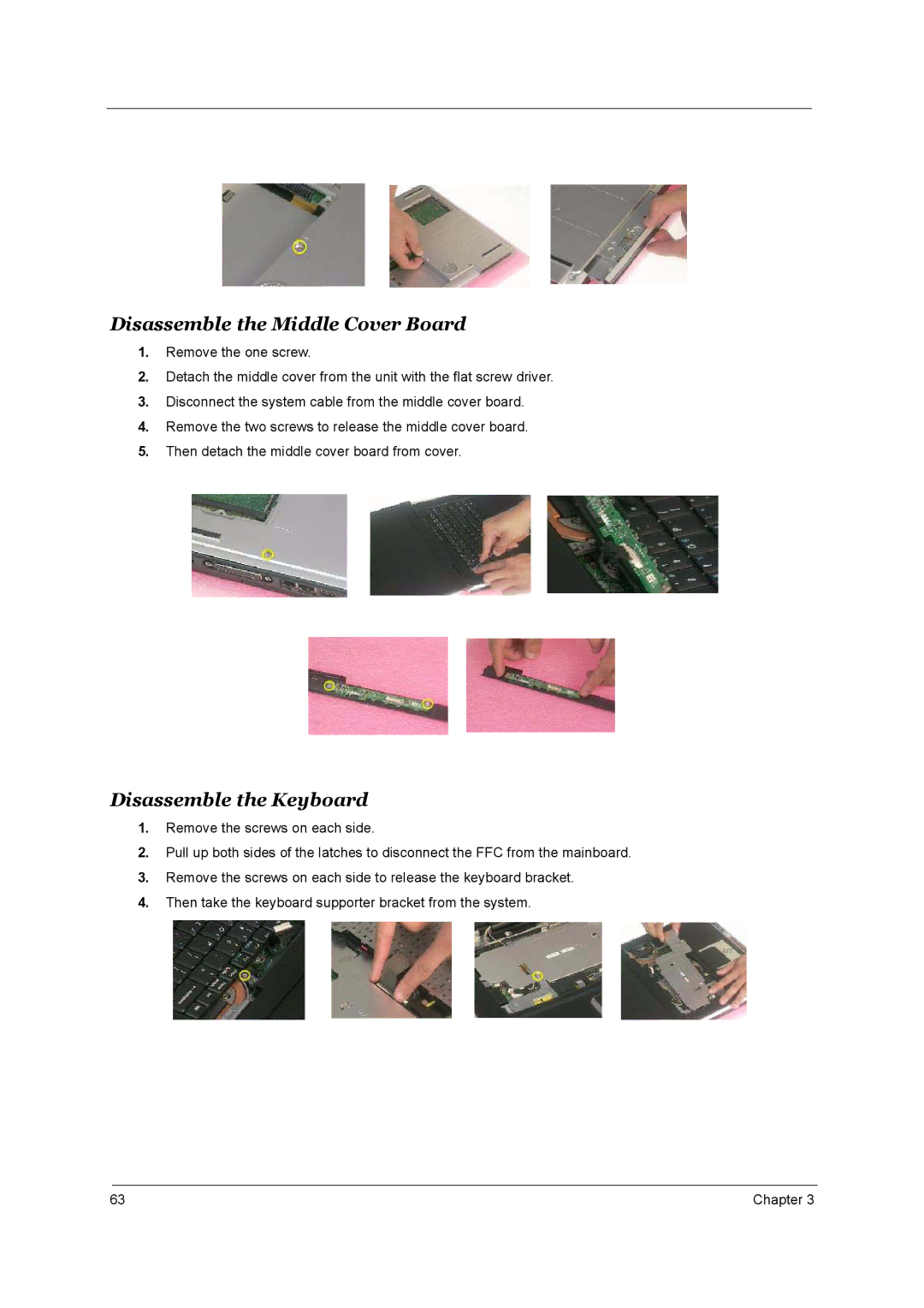 Aspire Digital 2020, 2010 manual Disassemble the Middle Cover Board, Disassemble the Keyboard 