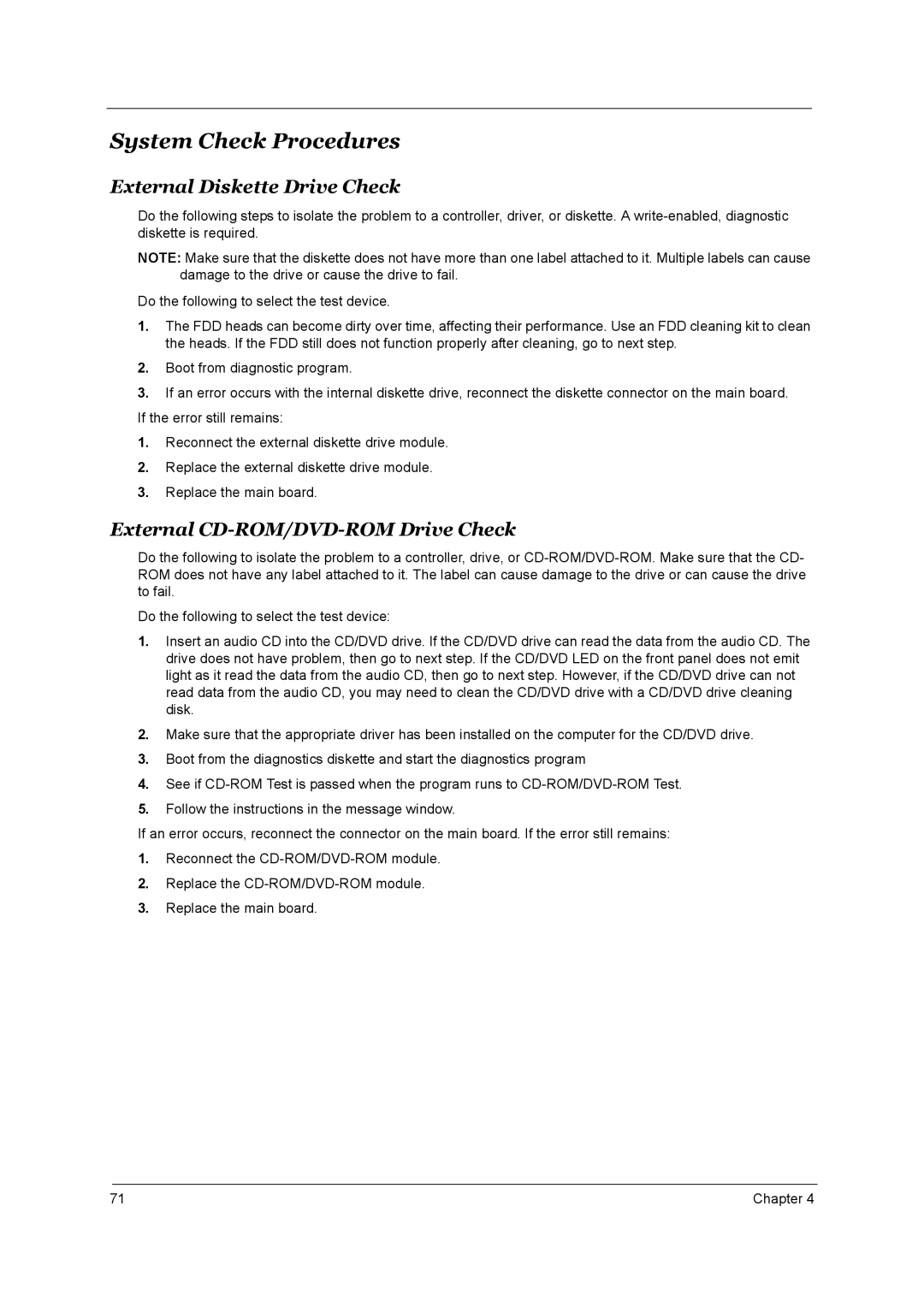 Aspire Digital 2020, 2010 manual System Check Procedures, External Diskette Drive Check, External CD-ROM/DVD-ROM Drive Check 