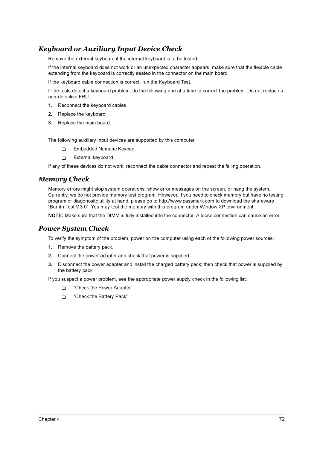 Aspire Digital 2010, 2020 manual Keyboard or Auxiliary Input Device Check, Memory Check Power System Check 