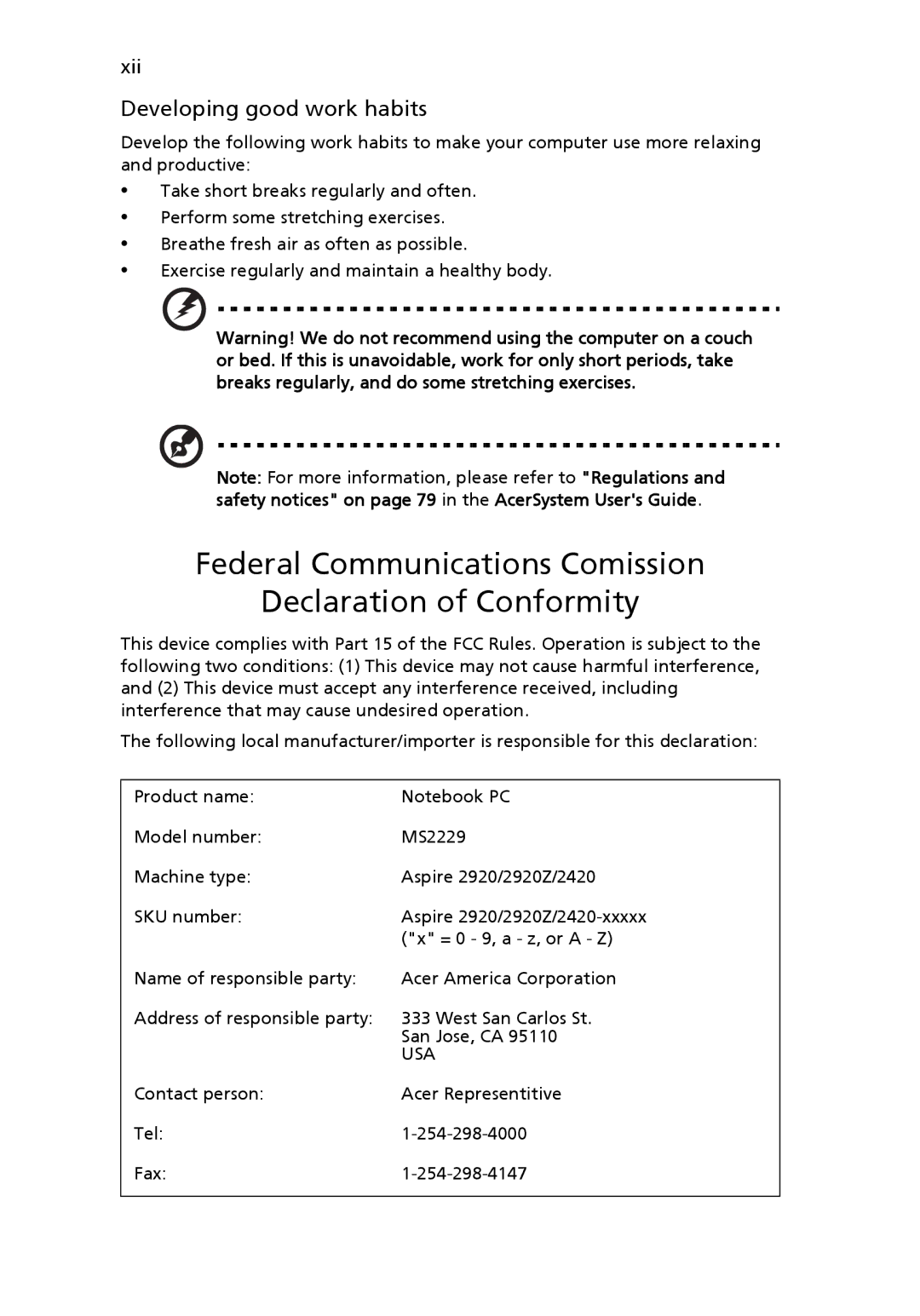 Aspire Digital 2920Z, 2420 manual Federal Communications Comission Declaration of Conformity, Developing good work habits 