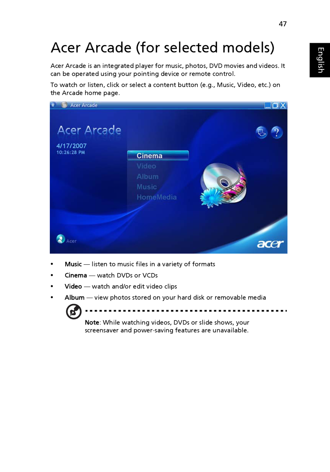 Aspire Digital 2920Z, 2420 manual Acer Arcade for selected models 