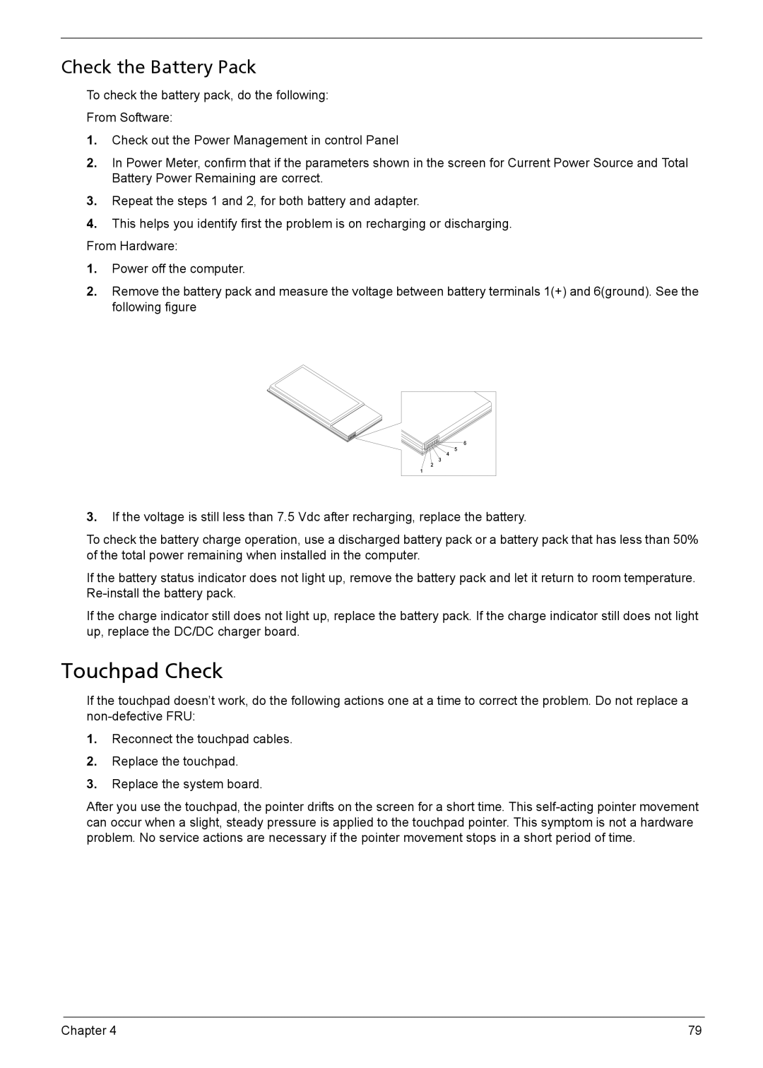 Aspire Digital 5050, 3050 manual Touchpad Check, Check the Battery Pack 