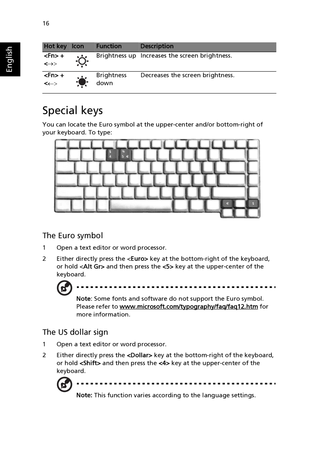 Aspire Digital 3500 manual Special keys, Euro symbol, US dollar sign, Hot key Icon Function Description Fn + 