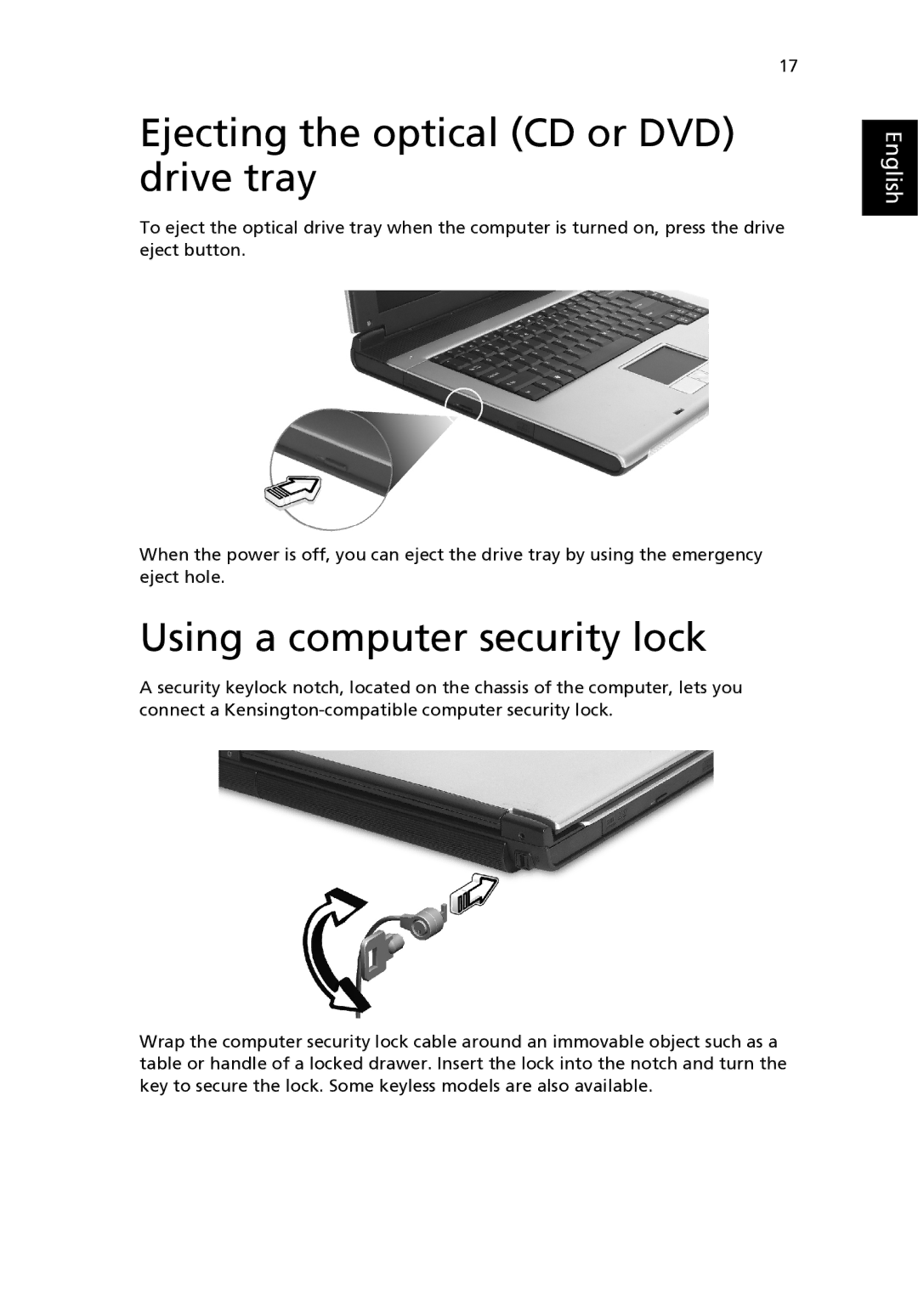 Aspire Digital 3500 manual Ejecting the optical CD or DVD drive tray, Using a computer security lock 