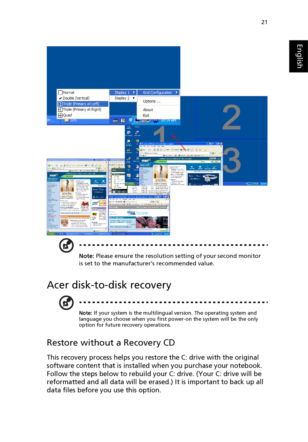 Aspire Digital 3500 manual Acer disk-to-disk recovery, Restore without a Recovery CD 