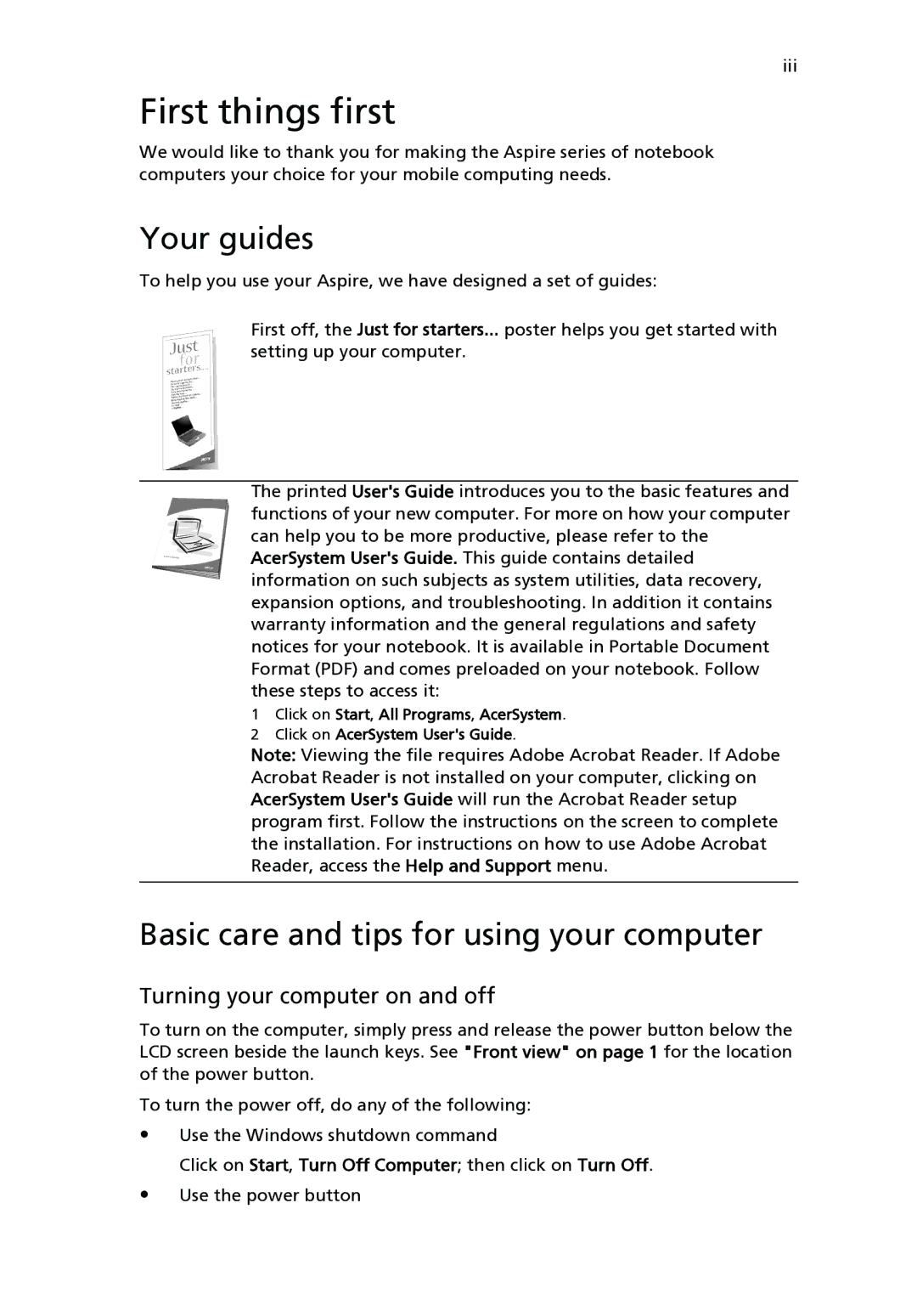 Aspire Digital 3500 manual Your guides, Basic care and tips for using your computer, Turning your computer on and off 