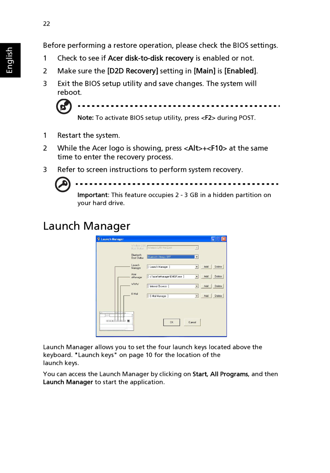 Aspire Digital 3500 manual Launch Manager, Make sure the D2D Recovery setting in Main is Enabled 