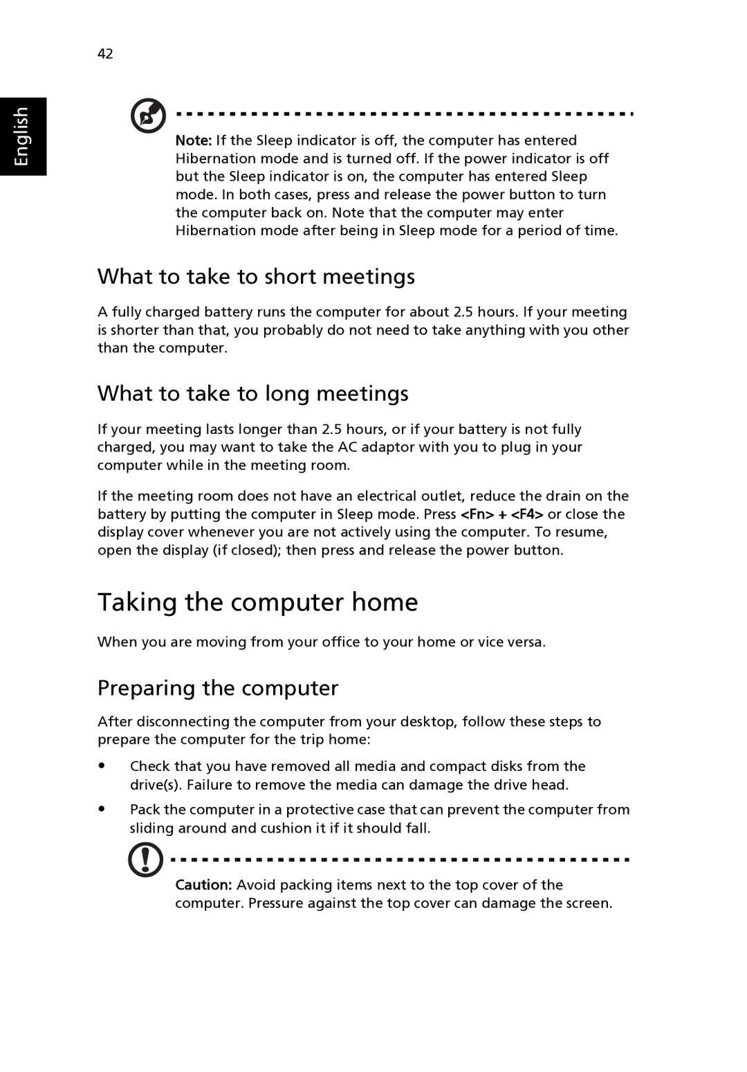 Aspire Digital 3500 manual Taking the computer home, What to take to short meetings, What to take to long meetings 