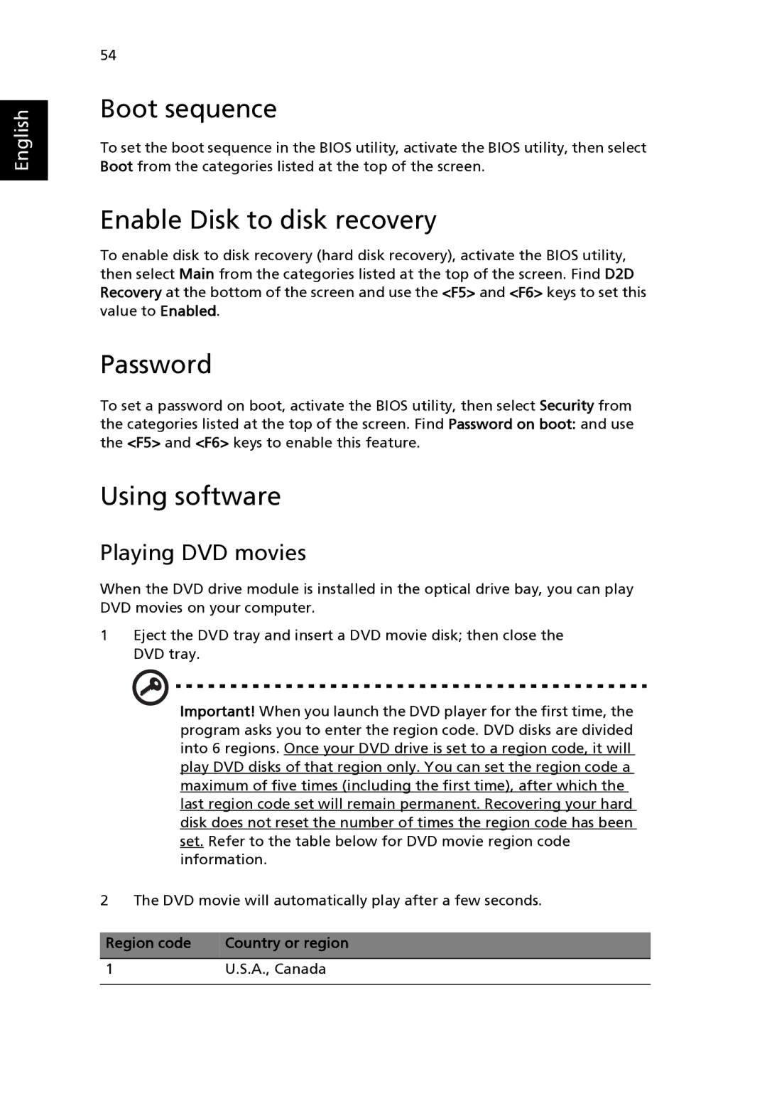 Aspire Digital 3500 manual Boot sequence, Enable Disk to disk recovery, Password, Using software, Playing DVD movies 