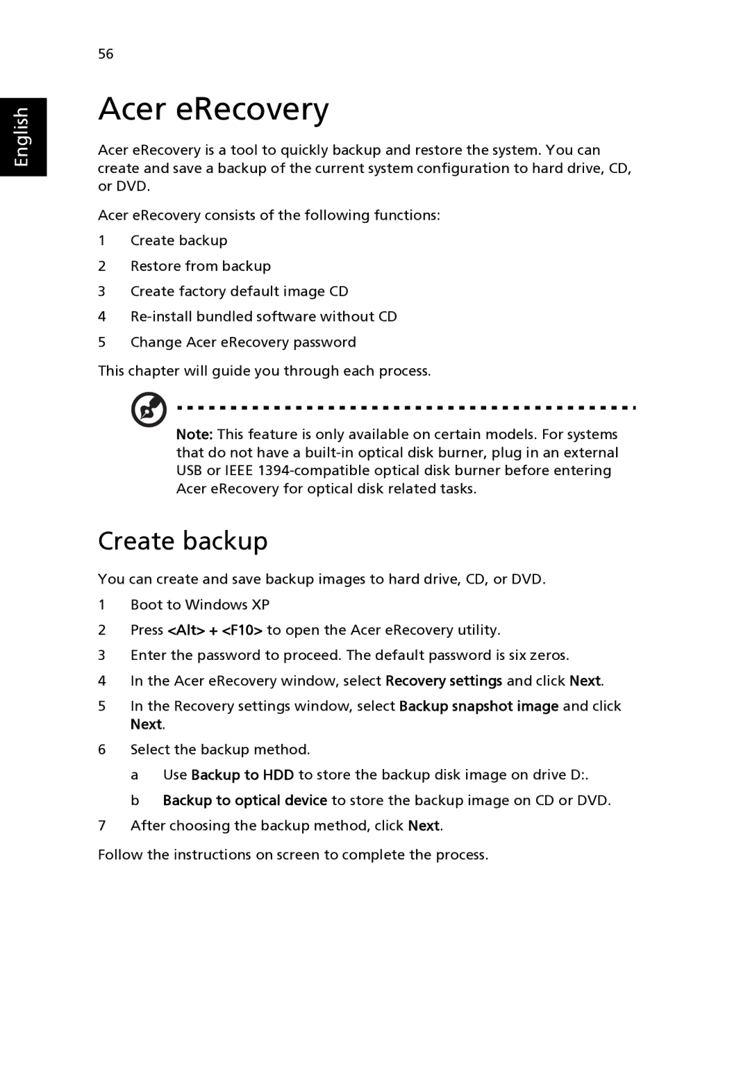 Aspire Digital 3500 manual Acer eRecovery, Create backup 