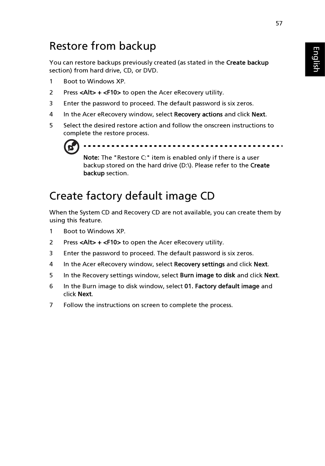 Aspire Digital 3500 manual Restore from backup, Create factory default image CD 